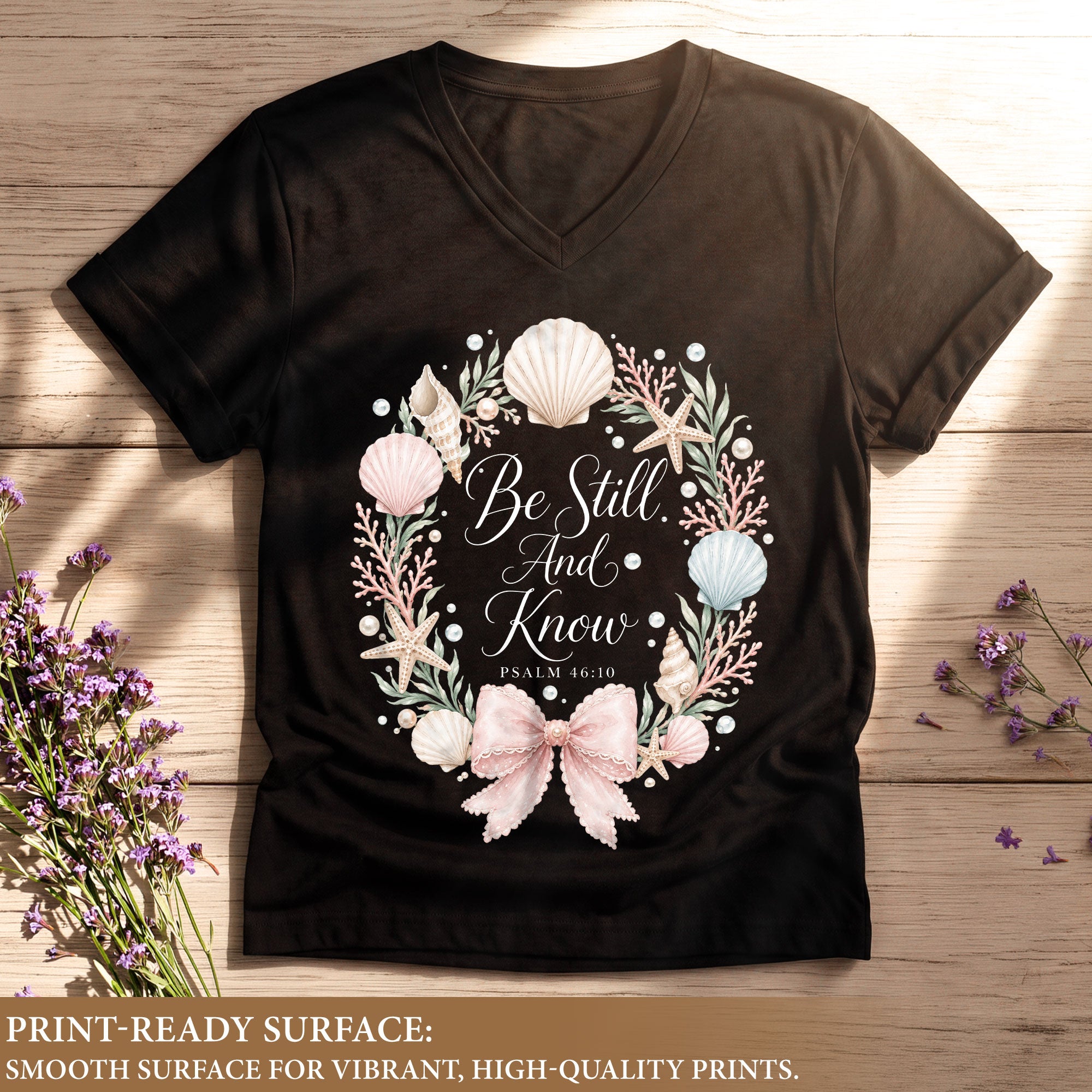 Be Still And Know Seashell Floral Wreath Psalm 46 10 Christian V Neck Shirt Women