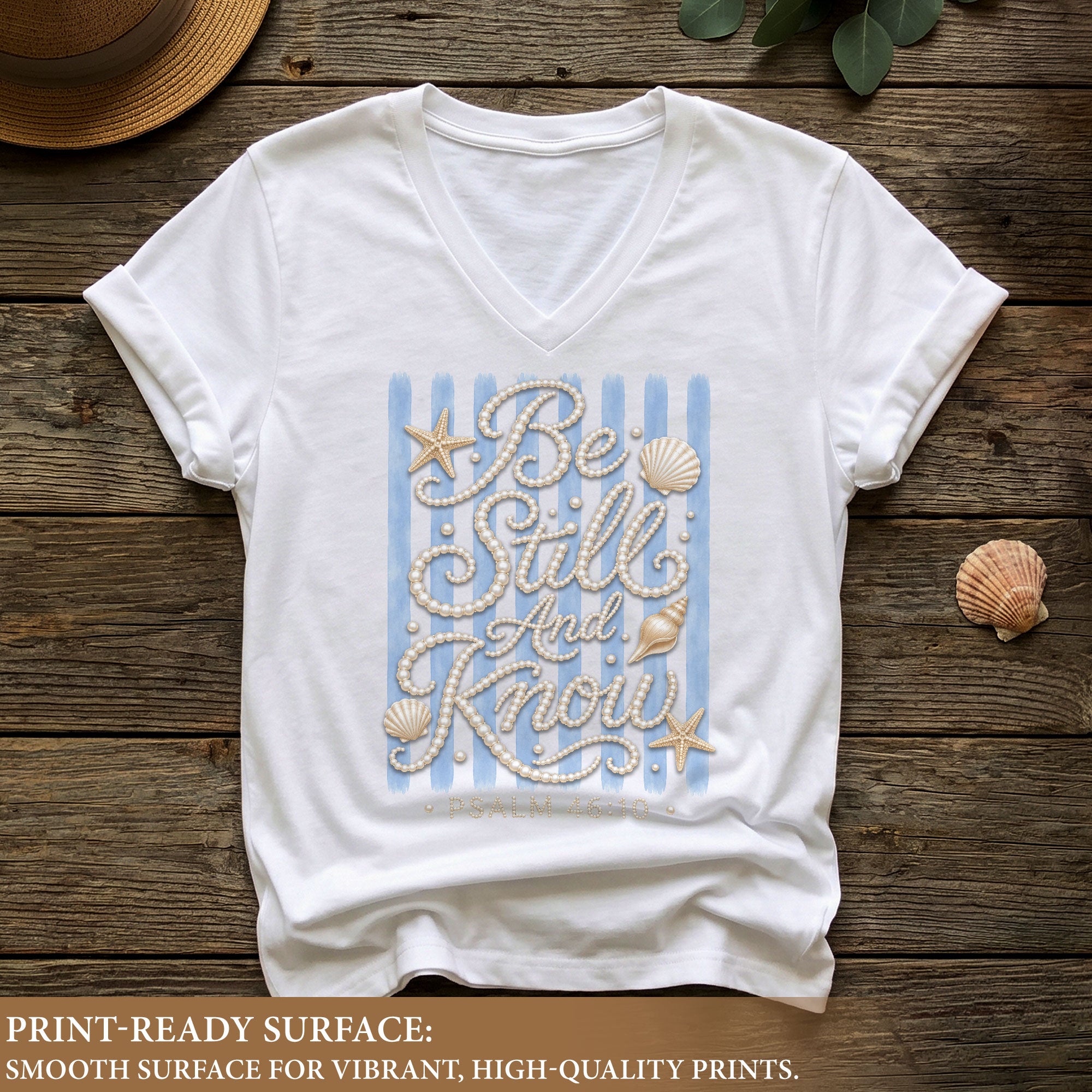 Be Still And Know Pearl Stripes Seashells Psalm 46 10 Christian V Neck Shirt Women