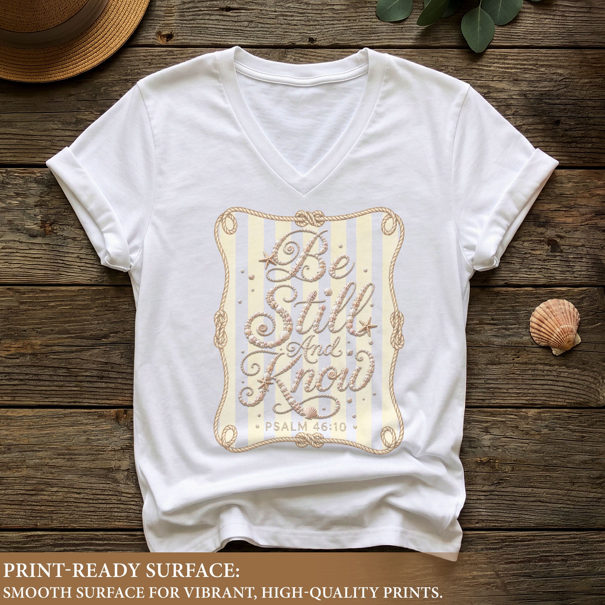 Be Still And Know Seashell Rope Stripes Psalm 46 10 Christian V Neck Shirt Women