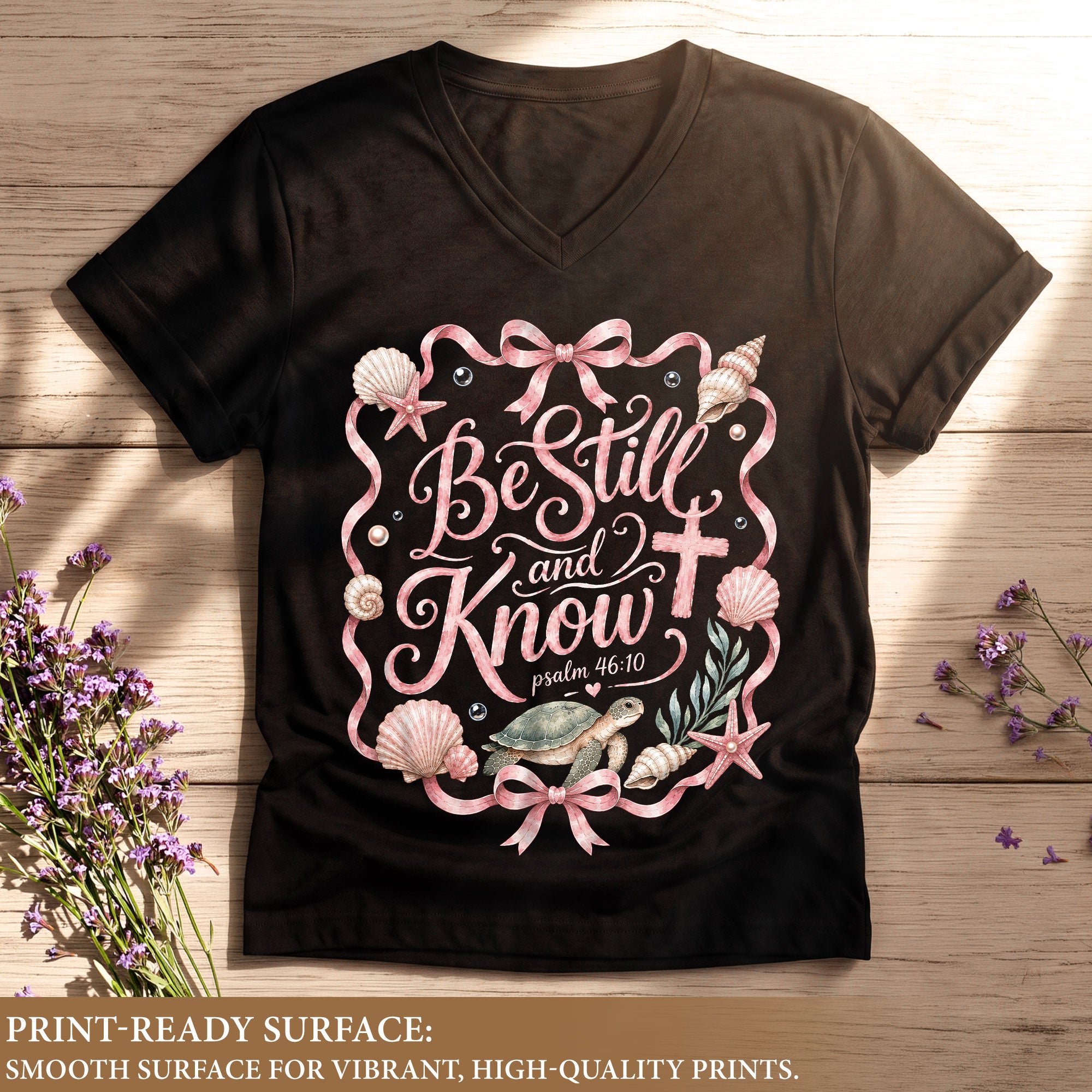 Be Still And Know Sea Turtle Ribbon Cross Psalm 46 10 Christian V Neck Shirt Women