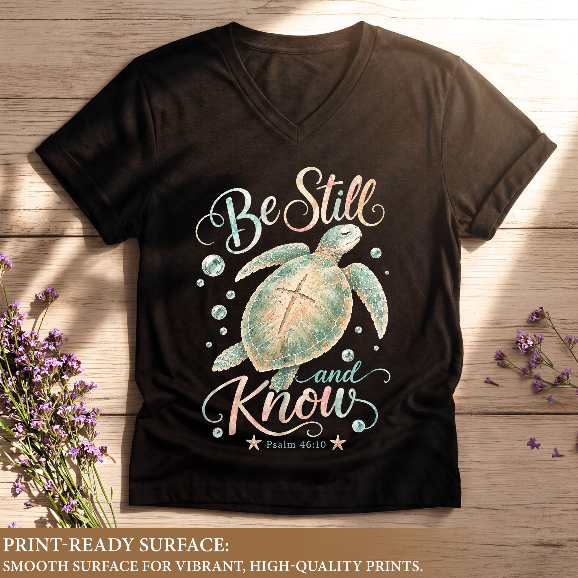 Be Still And Know Sea Turtle Cross Shell Psalm 46 10 Christian V Neck Shirt Women