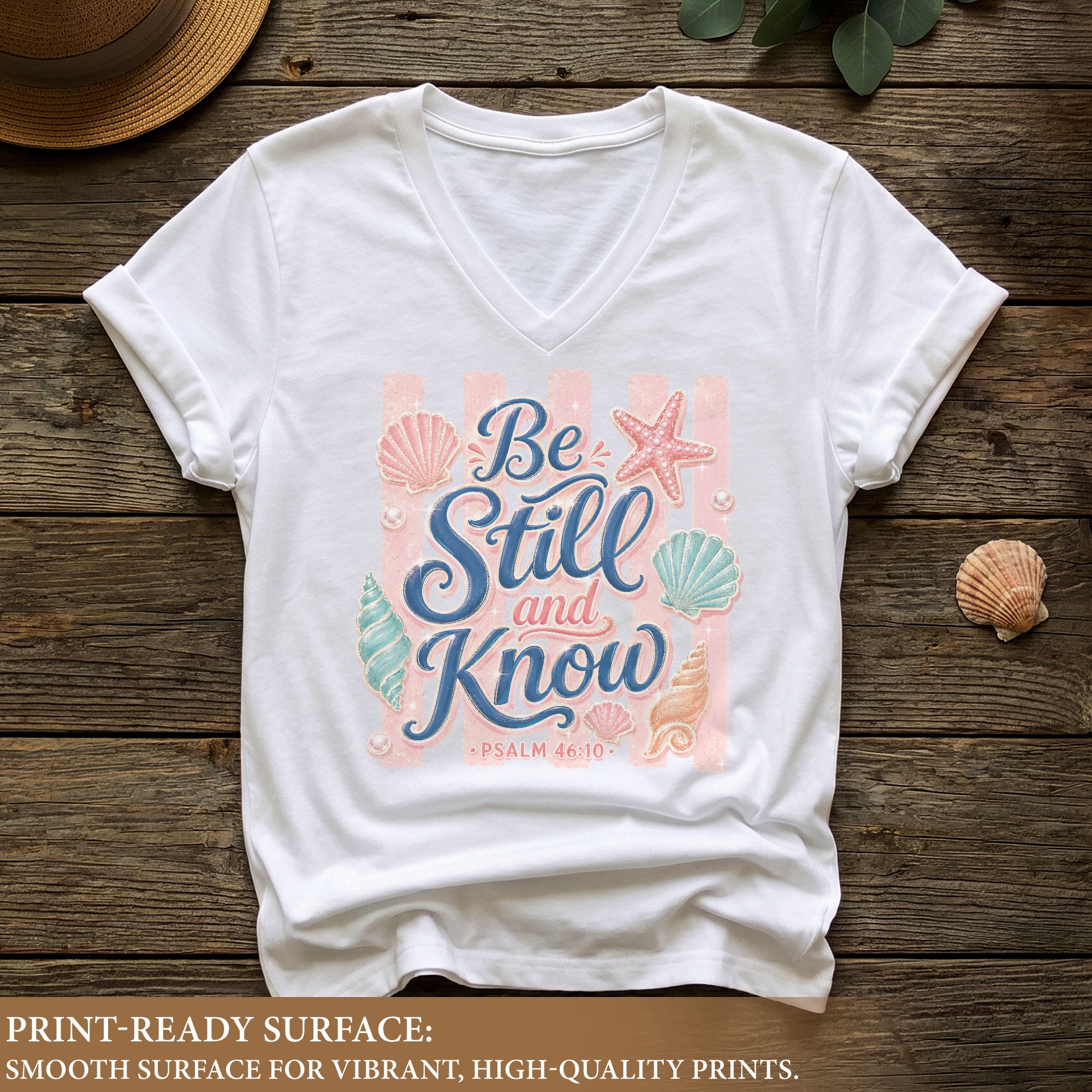 Be Still And Know Pink Stripes Seashells Psalm 46 10 Christian V Neck Shirt Women