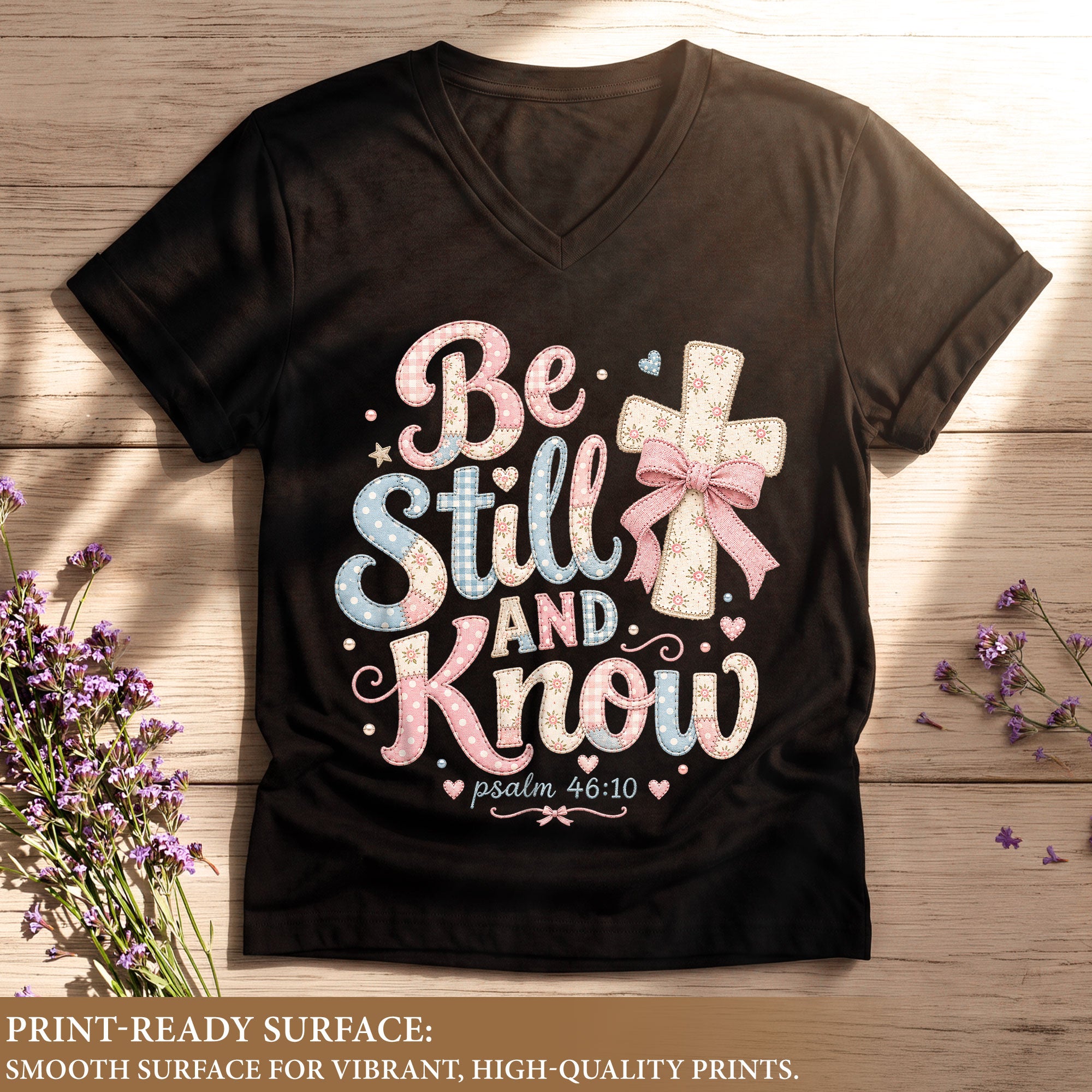 Be Still And Know Pastel Patchwork Cross Psalm 46 10 Christian V Neck Shirt Women