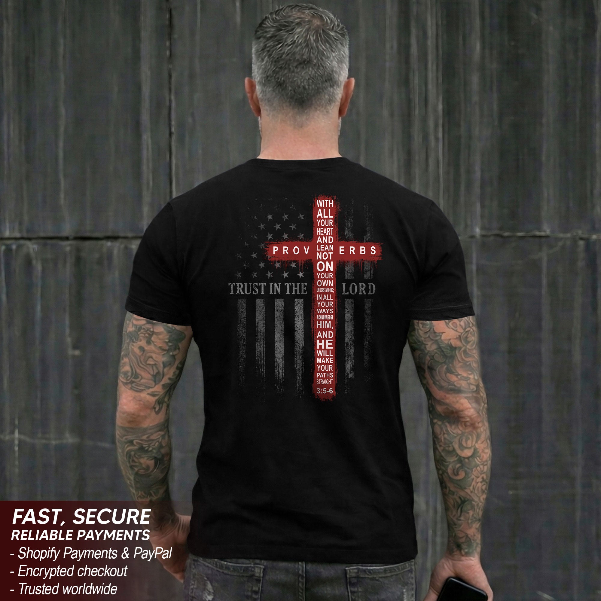 Trust In The Lord Christian T-Shirt Patriotic American Flag Cross Graphic Tee Proverbs