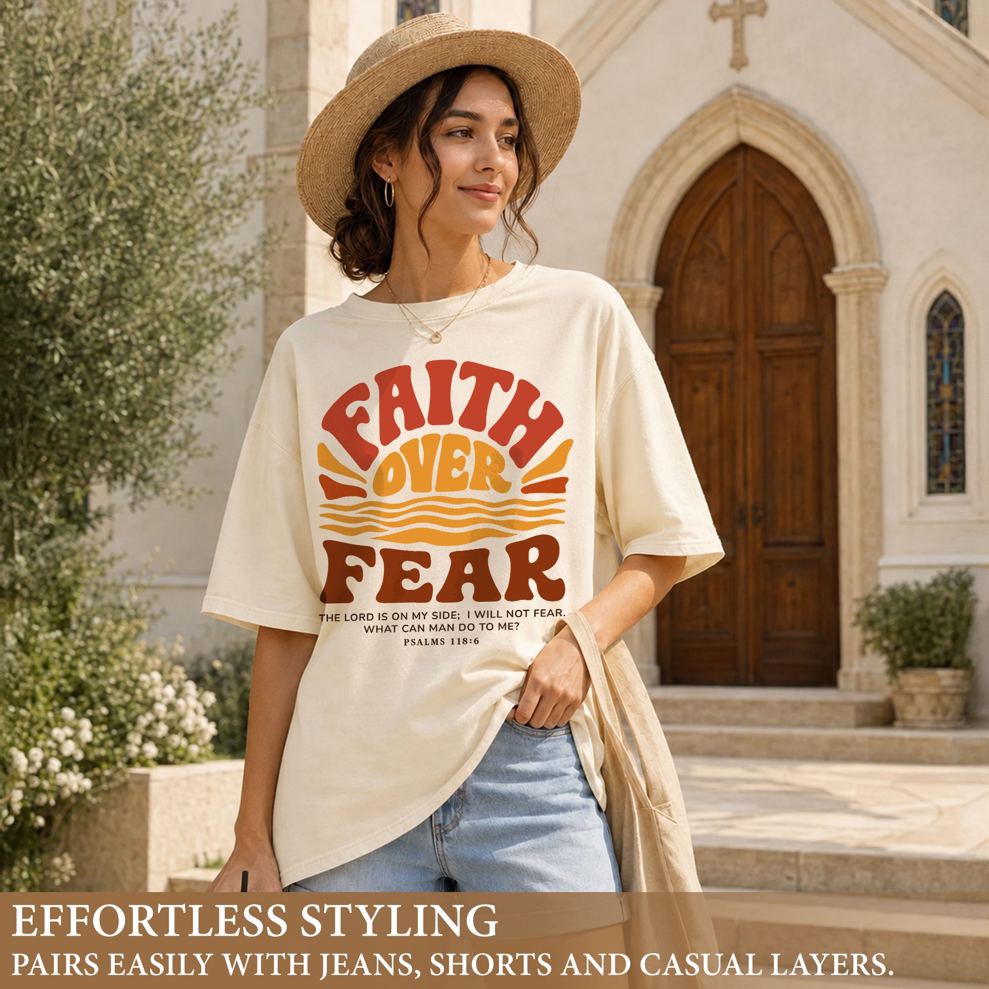 Faith Over Fear Christian Women Shirt Retro Sunset Graphic Inspirational Scripture Tee