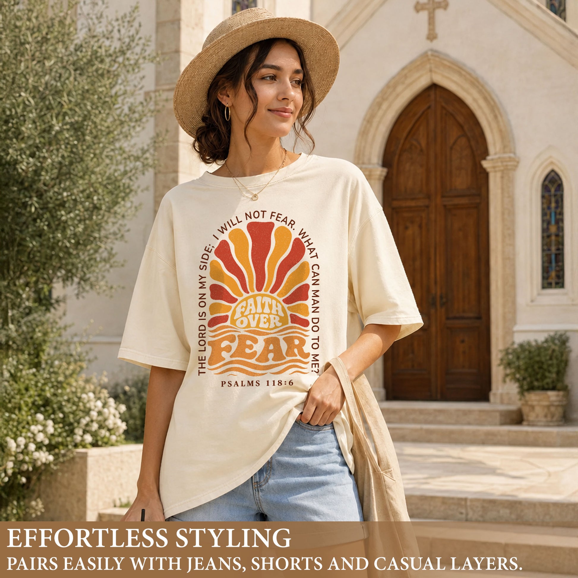 Faith Over Fear Christian Shirt Retro Sunburst Bible Verse Women T-Shirt Tee Gift - Rust Field Wear