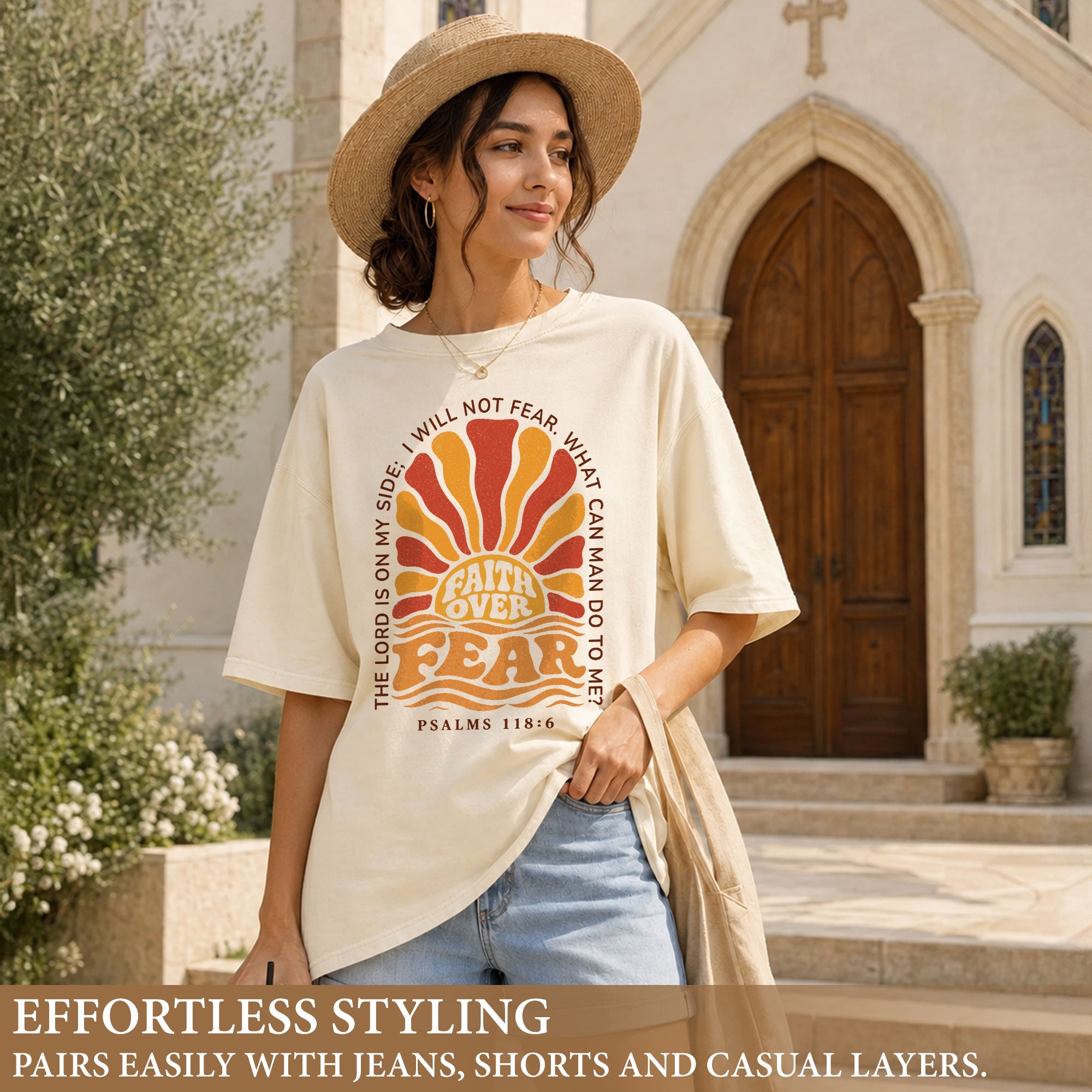 Faith Over Fear Christian Shirt Retro Sunburst Bible Verse Women T-Shirt Tee Gift - Rust Field Wear