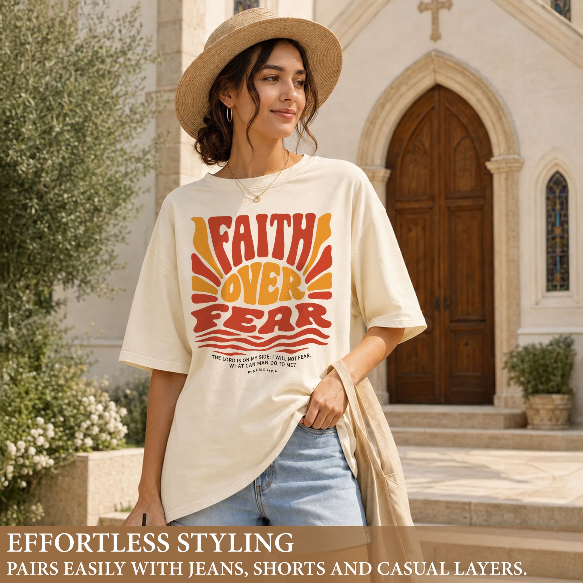 Faith Over Fear Christian Women Shirt Retro Wavy Font Graphic T-Shirt Psalms 118:6 - Rust Field Wear