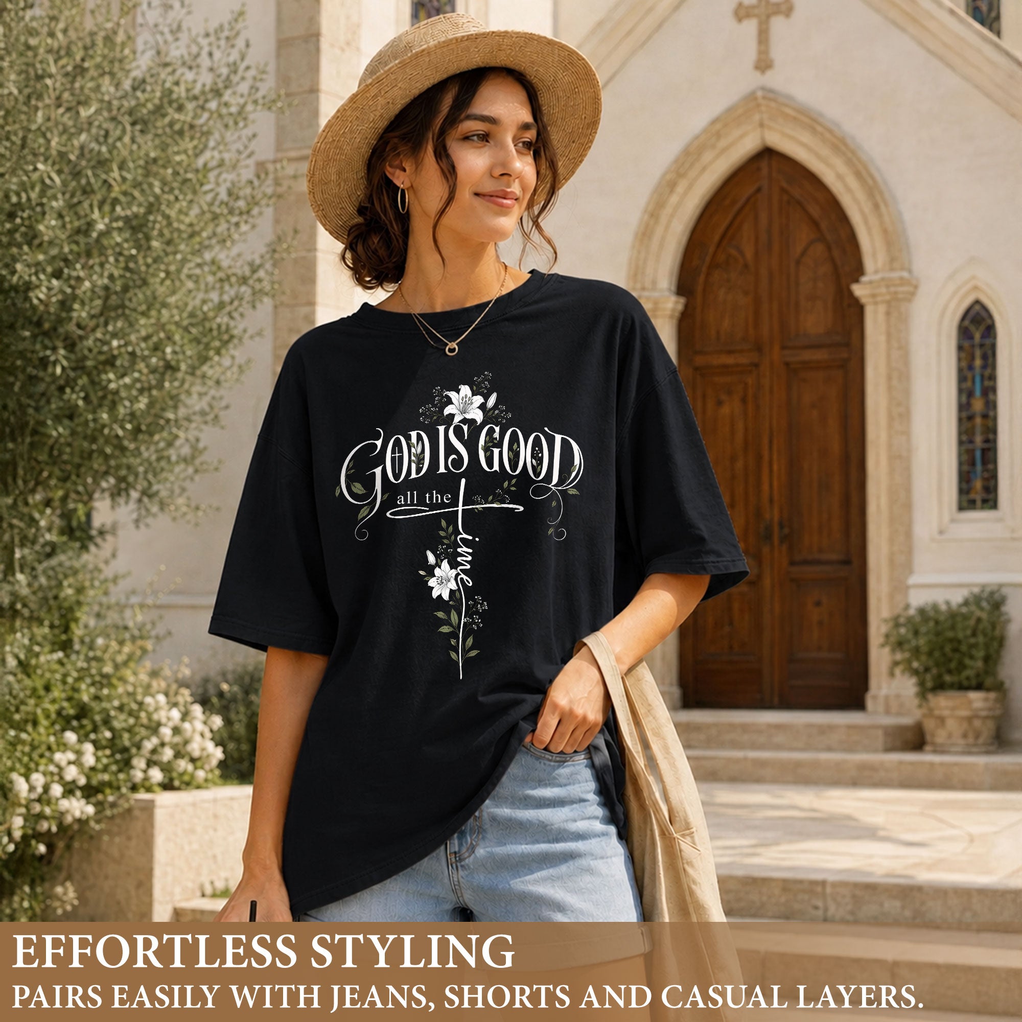 God Is Good All The Time Cross Floral Christian Graphic Casual Crewneck Tee Women
