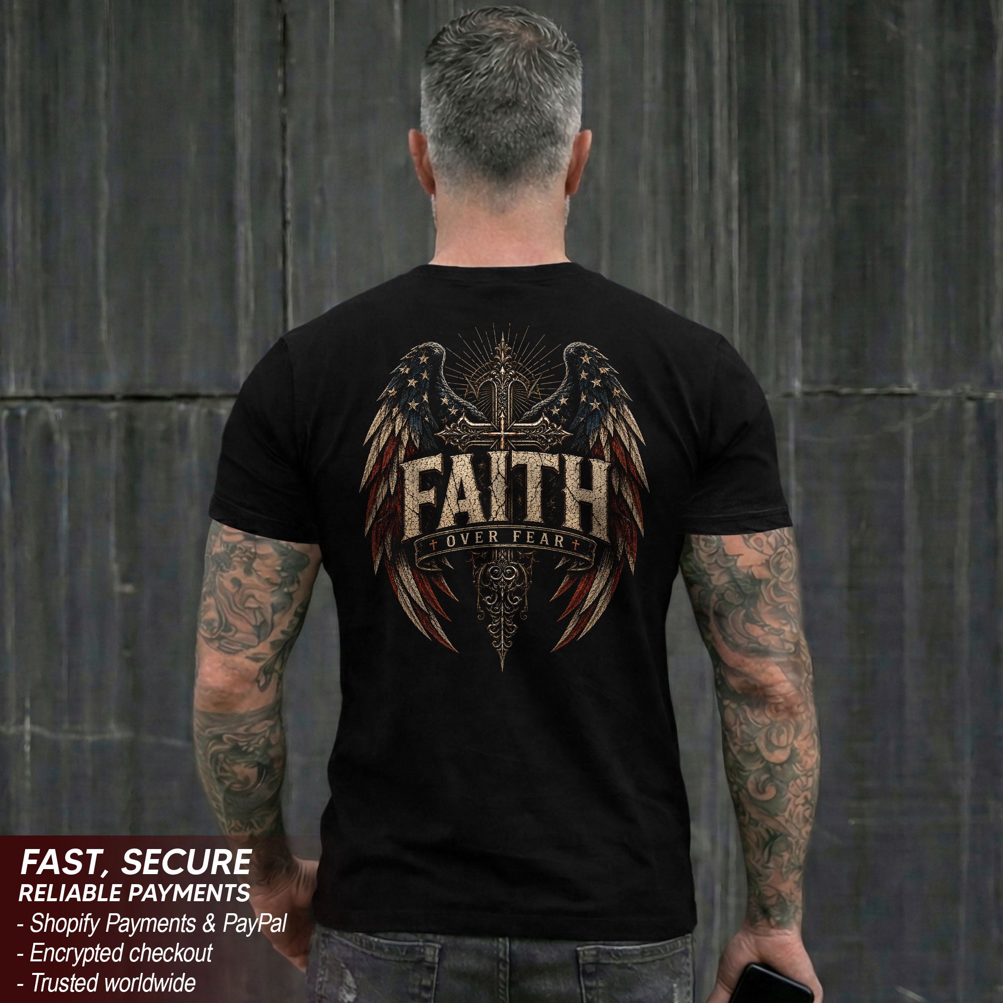 Faith Over Fear T Shirt American Flag Wings Cross Religious Apparel Tee Top Unisex