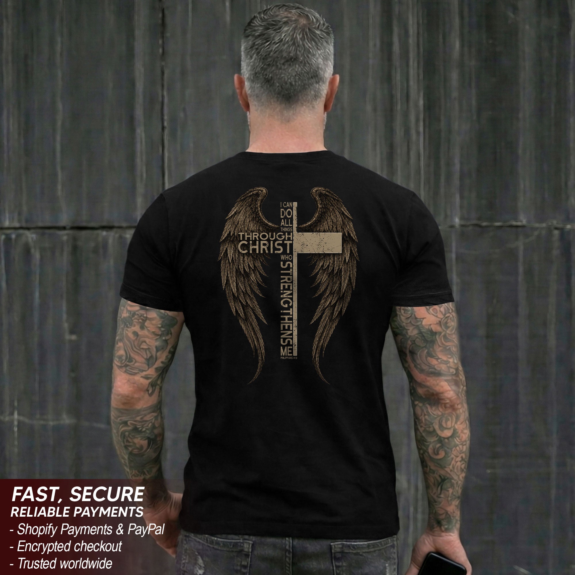 Through Christ Philippians 4 13 Christian Shirt Angel Wings Cross Religious T-Shirt