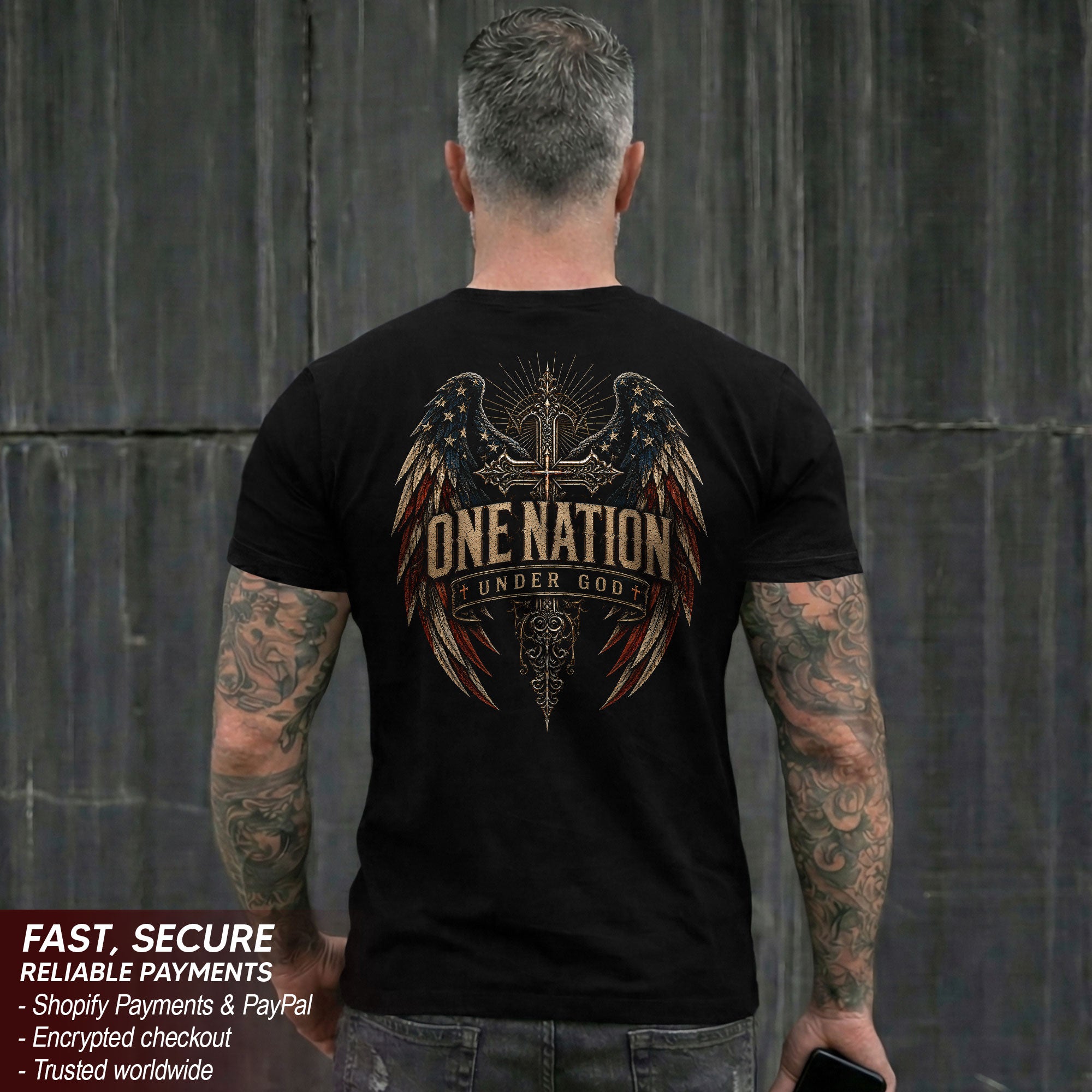 One Nation Under God T Shirt American Flag Wings Cross Religious Apparel Tee Top