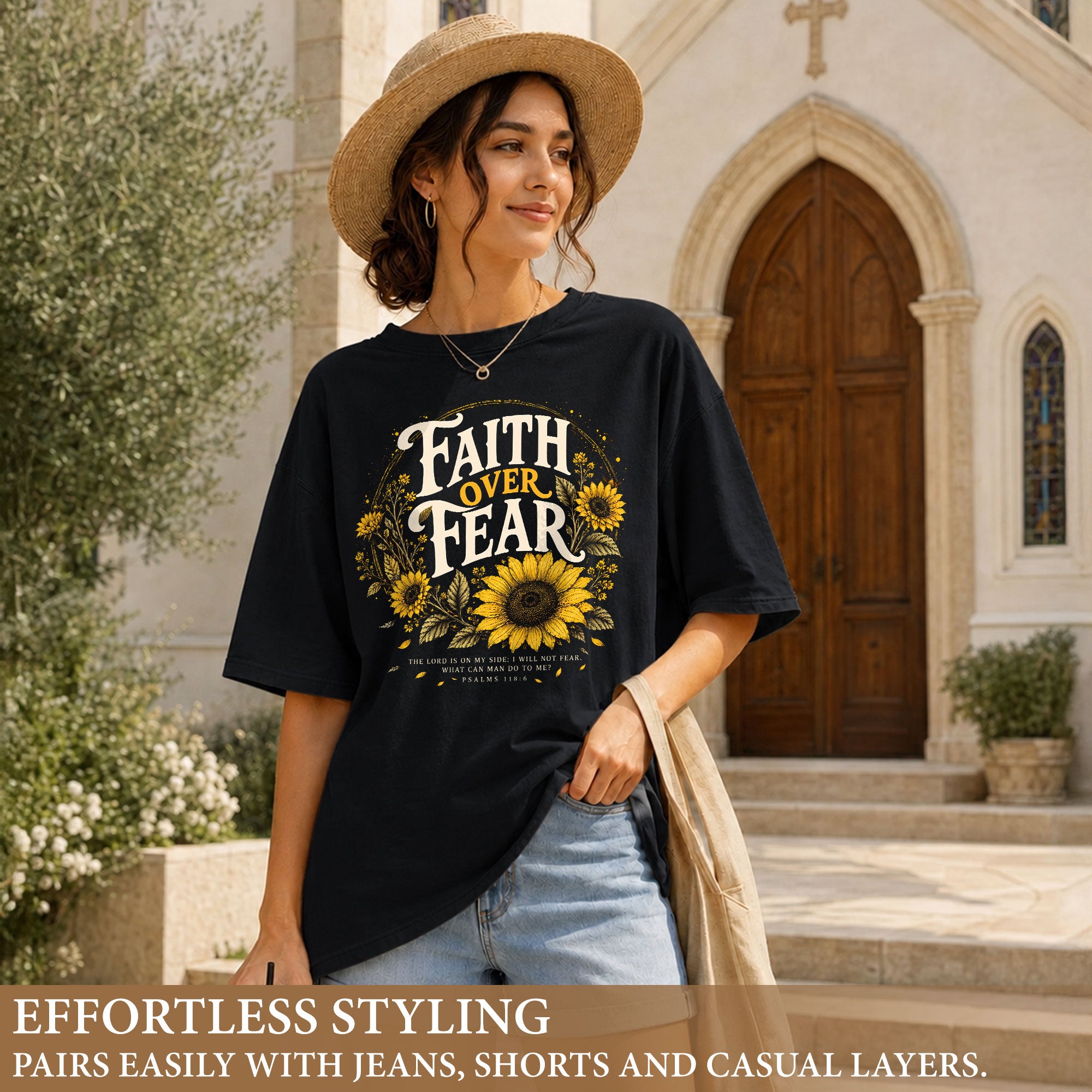 Faith Over Fear Sunflower T-Shirt Christian Verse Psalms 118:6 Floral Gift Tee