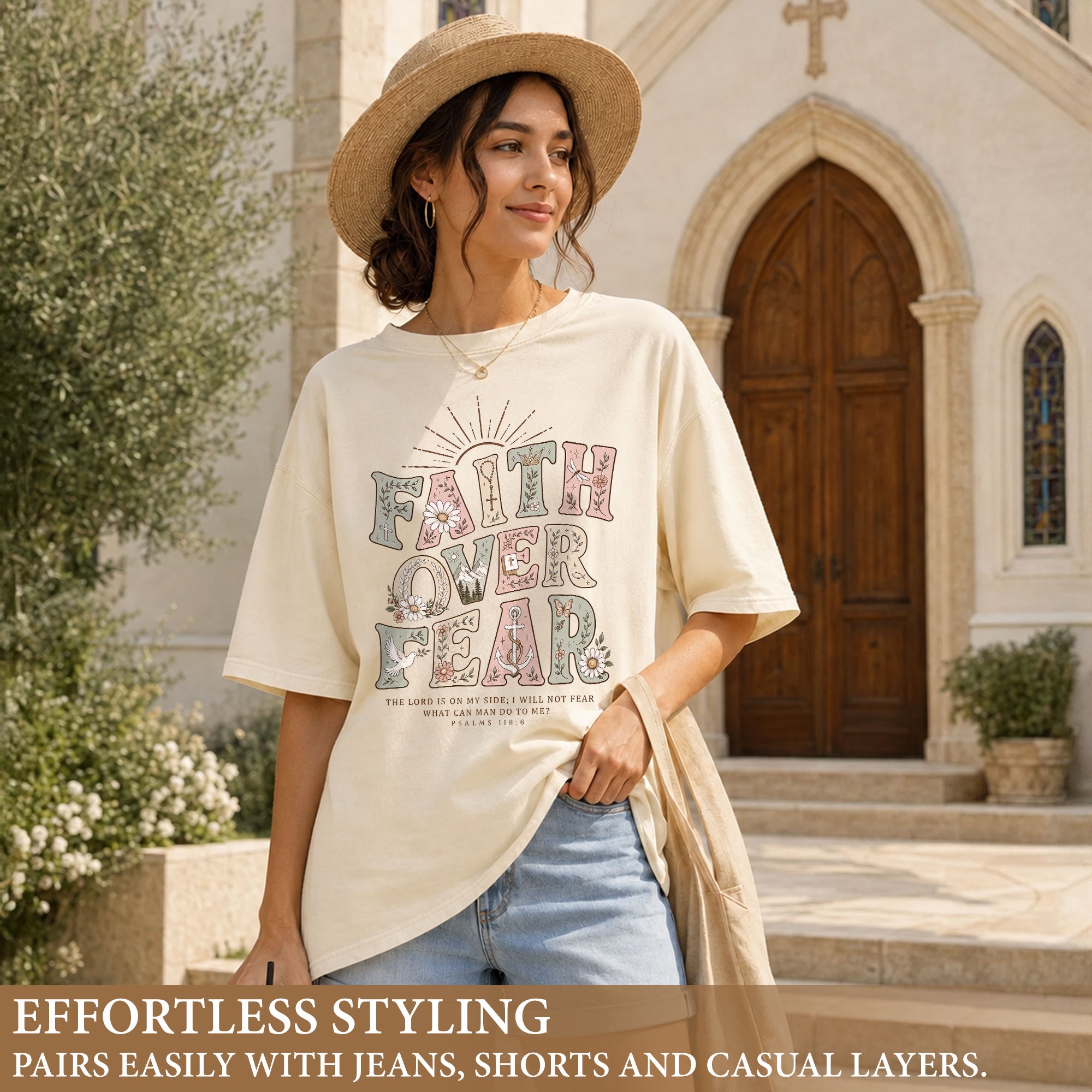 Faith Over Fear Psalms Scripture Christian Graphic Oversized Tee Shirt For Women