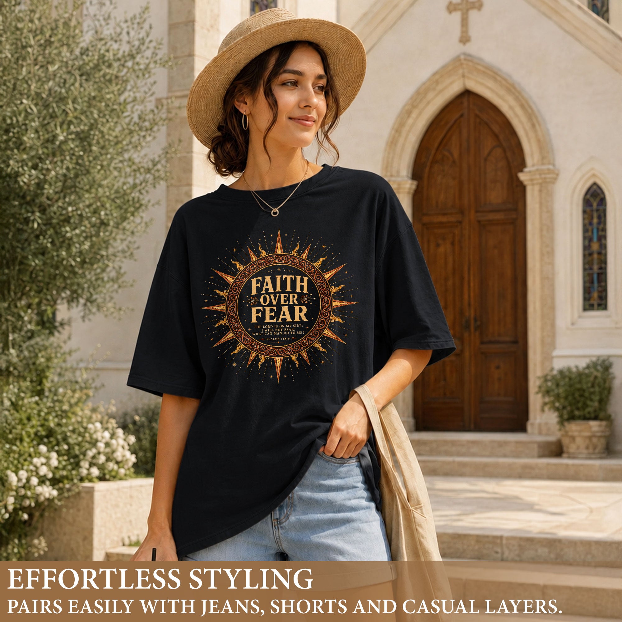 Faith Over Fear T Shirt Christian Women Sun Psalms 118 6 Religious Tee Apparel Top