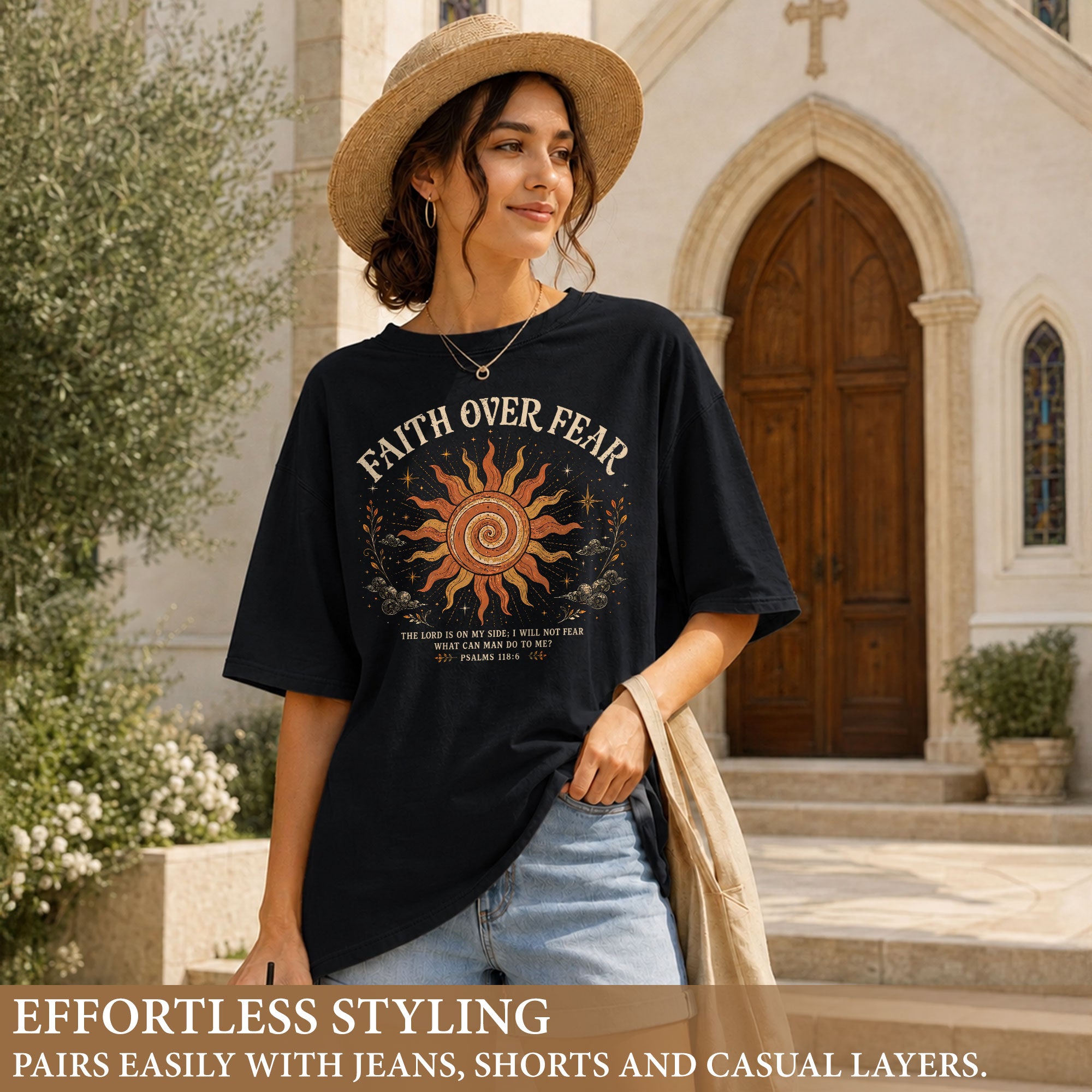 Faith Over Fear T Shirt Christian Women Sun Clouds Psalms 118 6 Religious Tee Top