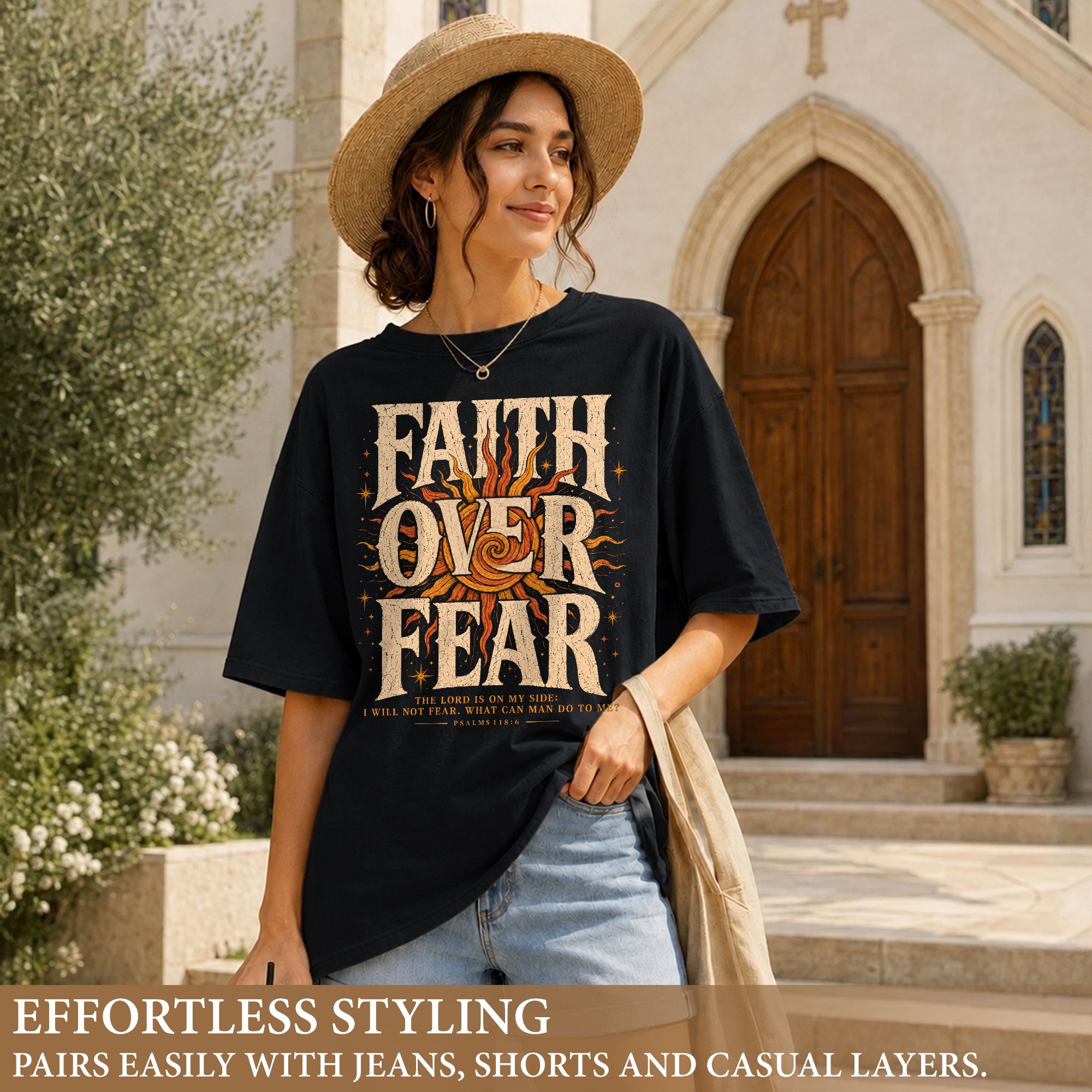 Faith Over Fear T Shirt Christian Women Big Bold Sun Psalm 118 6 Religious Tee Top