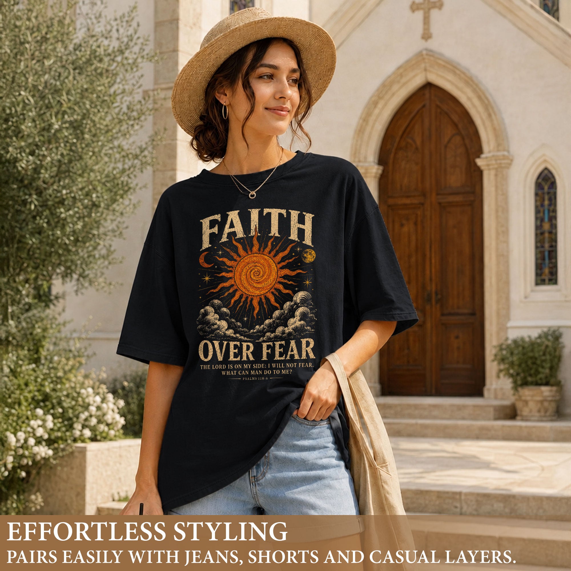 Faith Over Fear T Shirt Christian Women Sun Moon Clouds Psalm 118 6 Religious Tee