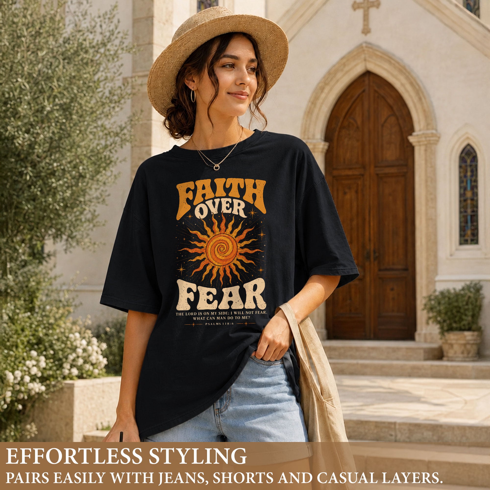 Faith Over Fear T Shirt Christian Women Retro Sun Stars Psalm 118 6 Religious Tee