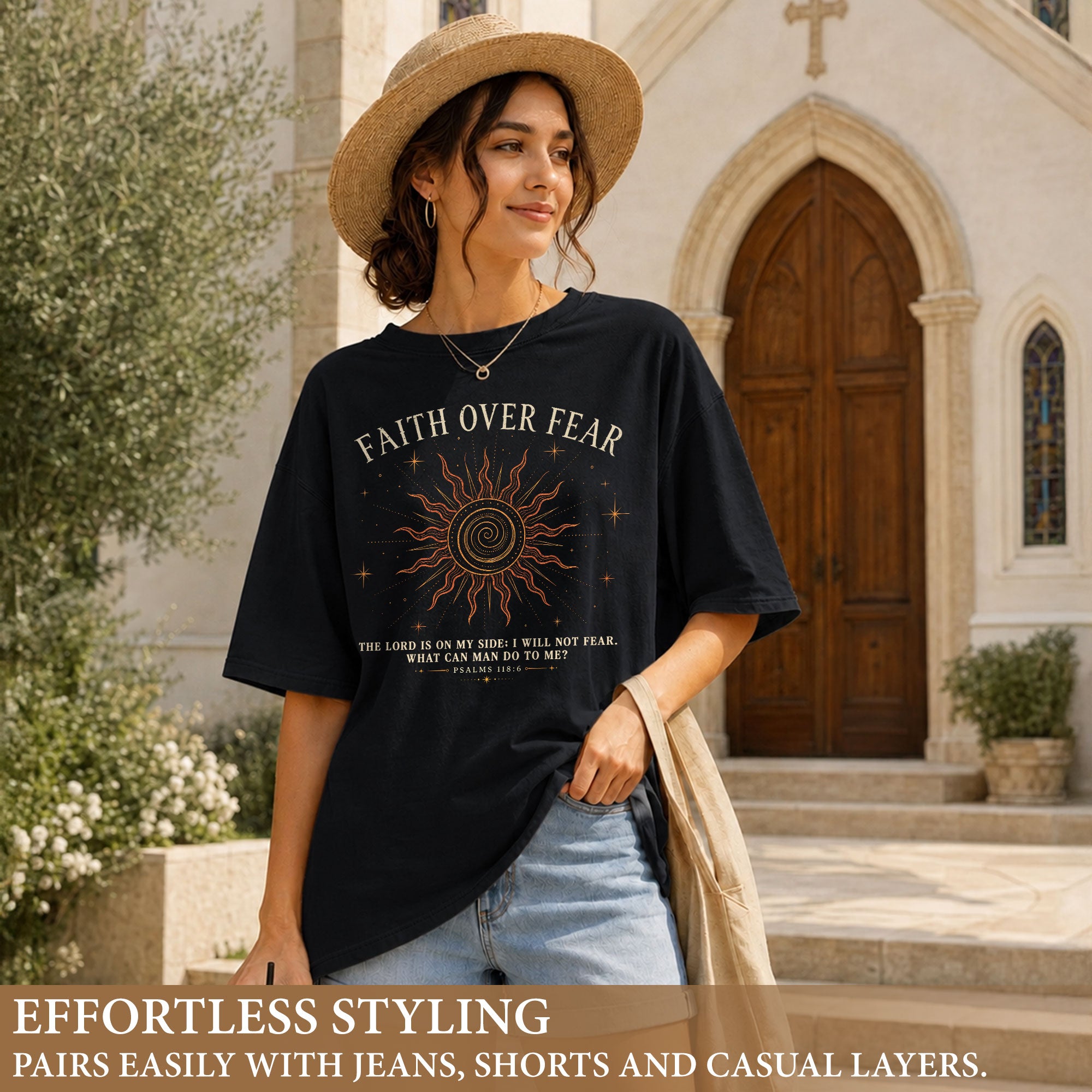 Faith Over Fear T Shirt Christian Women Radiant Sun Psalms 118 6 Religious Tee Top