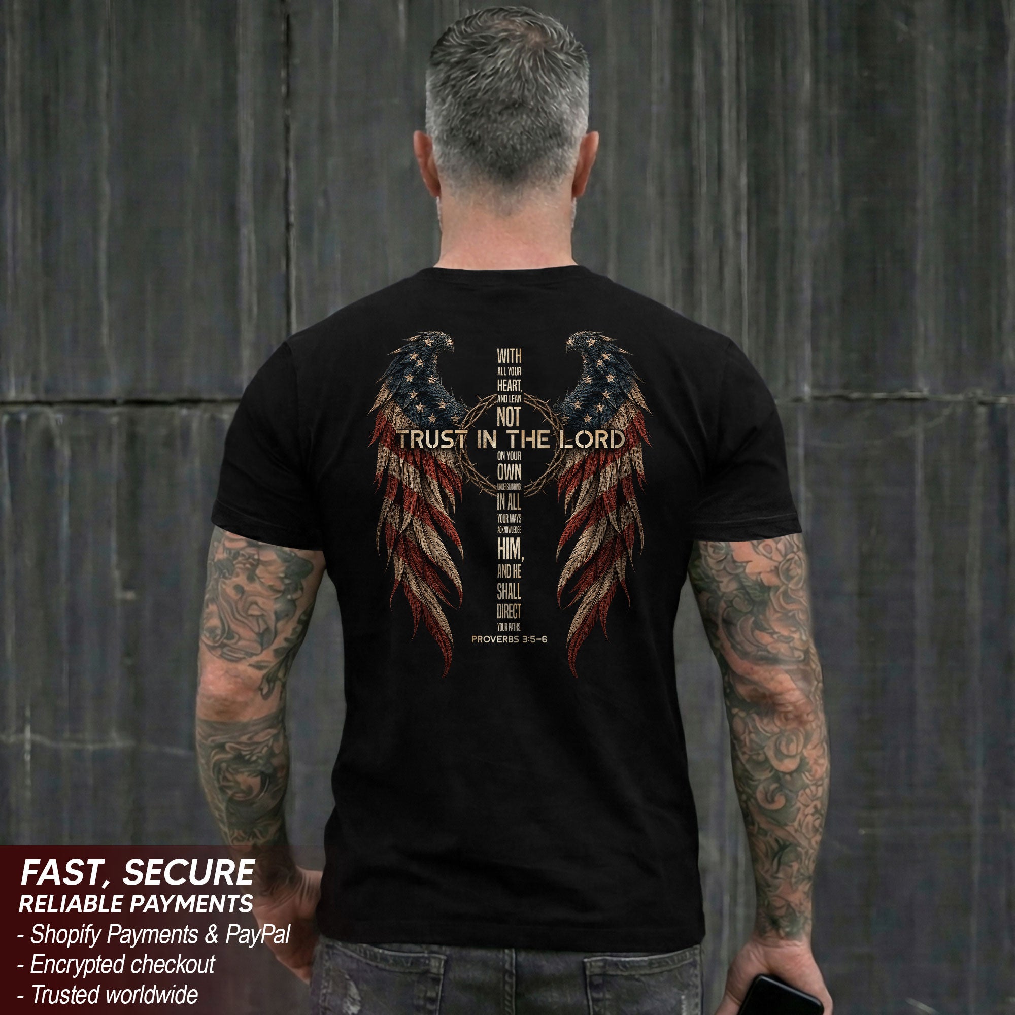 Trust In The Lord Shirt Faith Christian Cross US Flag Wings Proverbs 3 5 6 Graphic Tee