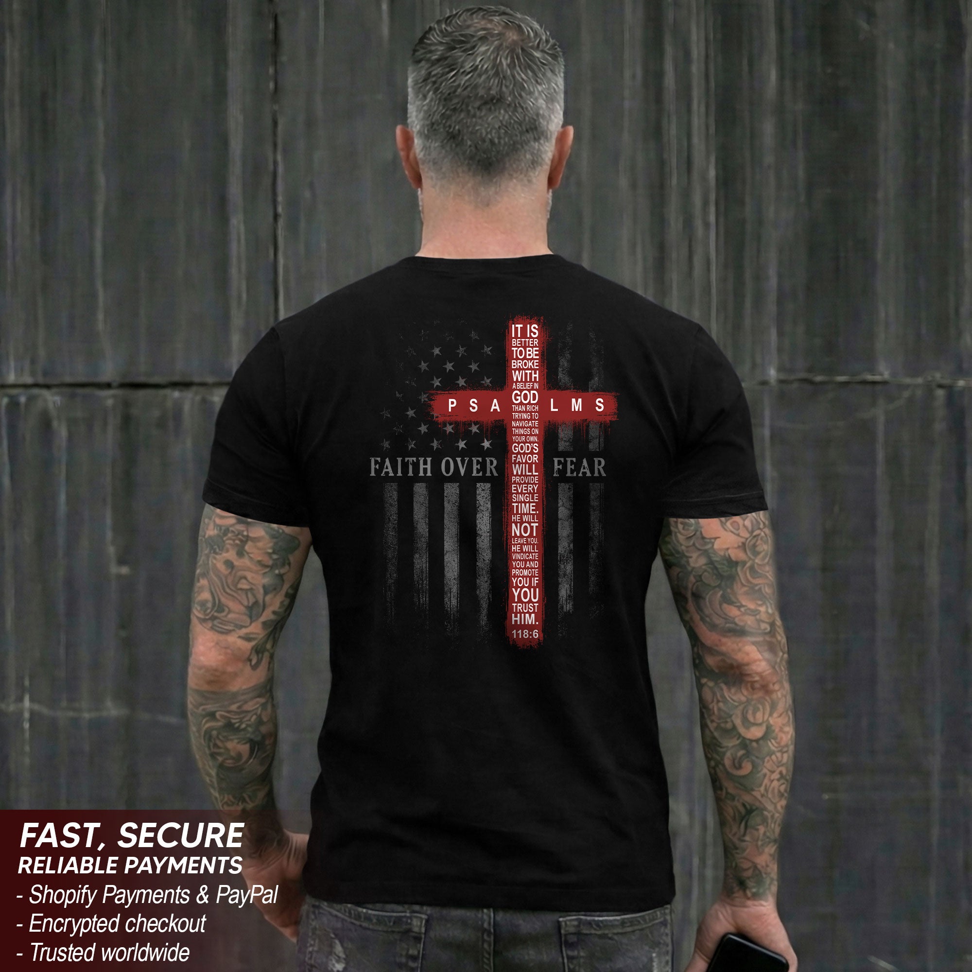 Patriotic Faith Over Fear American Flag Cross Psalms 118 6 Christian T Shirt Apparel - Rust Field Wear