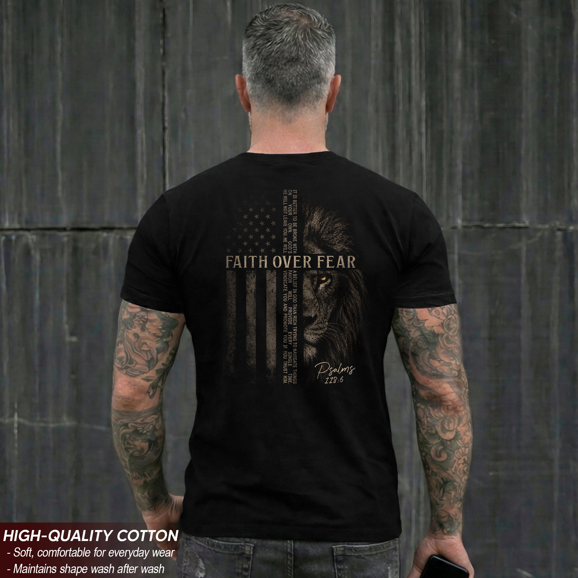 Faith Over Fear American Flag Lion Psalms 118 6 Christian T Shirt Apparel Top Unisex - Rust Field Wear