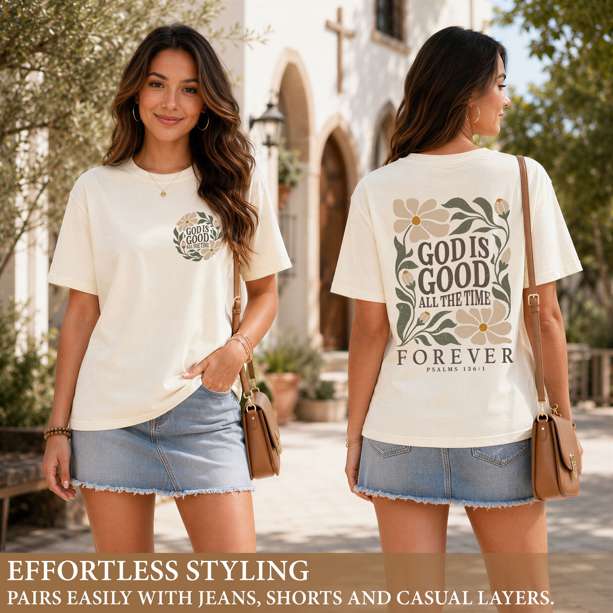 God Is Good All The Time Forever Floral Psalms 136 1 Christian T Shirt Apparel Women - Rust Field Wear