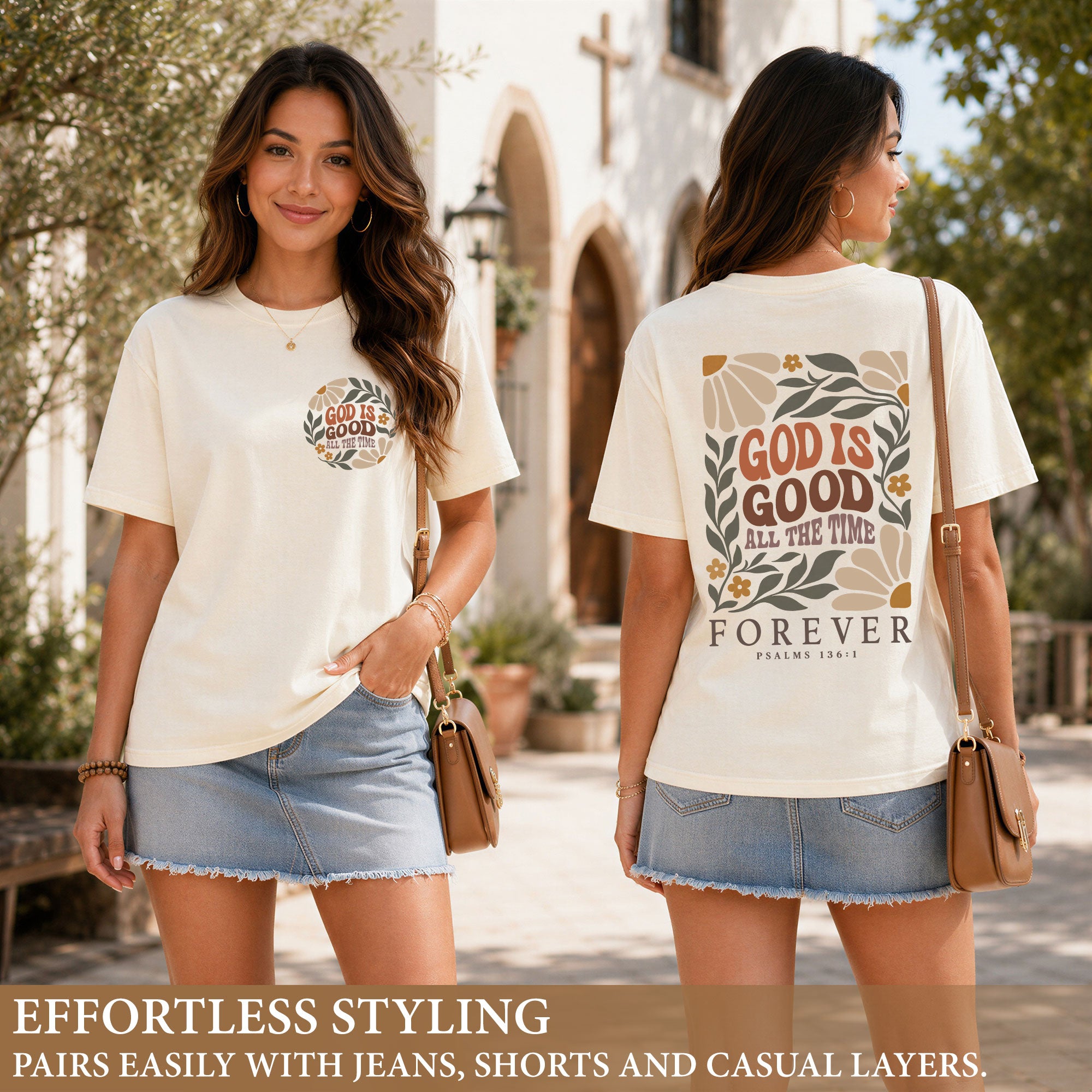 God Is Good All The Time Retro Floral Psalms 136 1 Christian T Shirt Apparel Women - Rust Field Wear