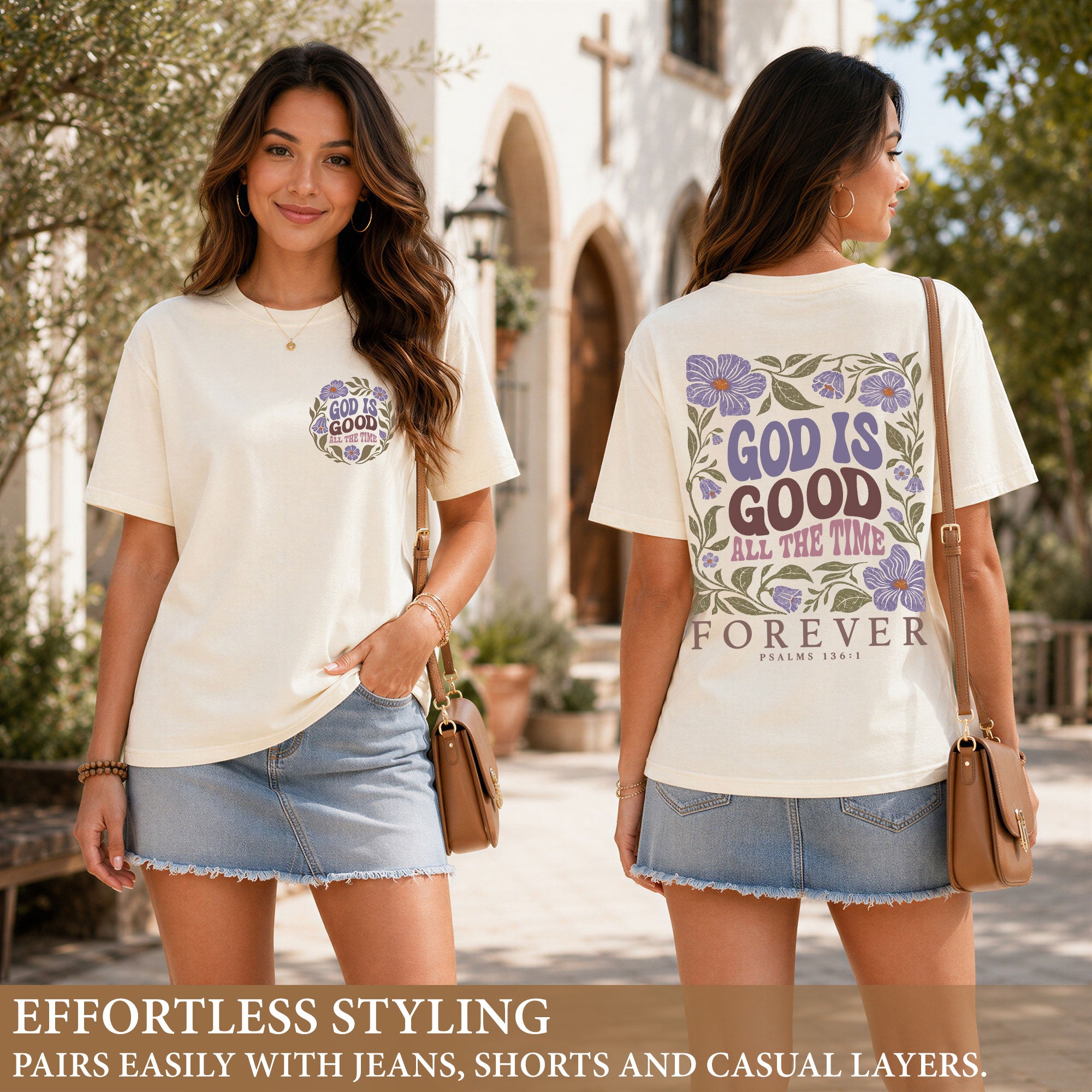 God Is Good All The Time Purple Floral Psalms 136 1 Christian T Shirt Apparel Women - Rust Field Wear