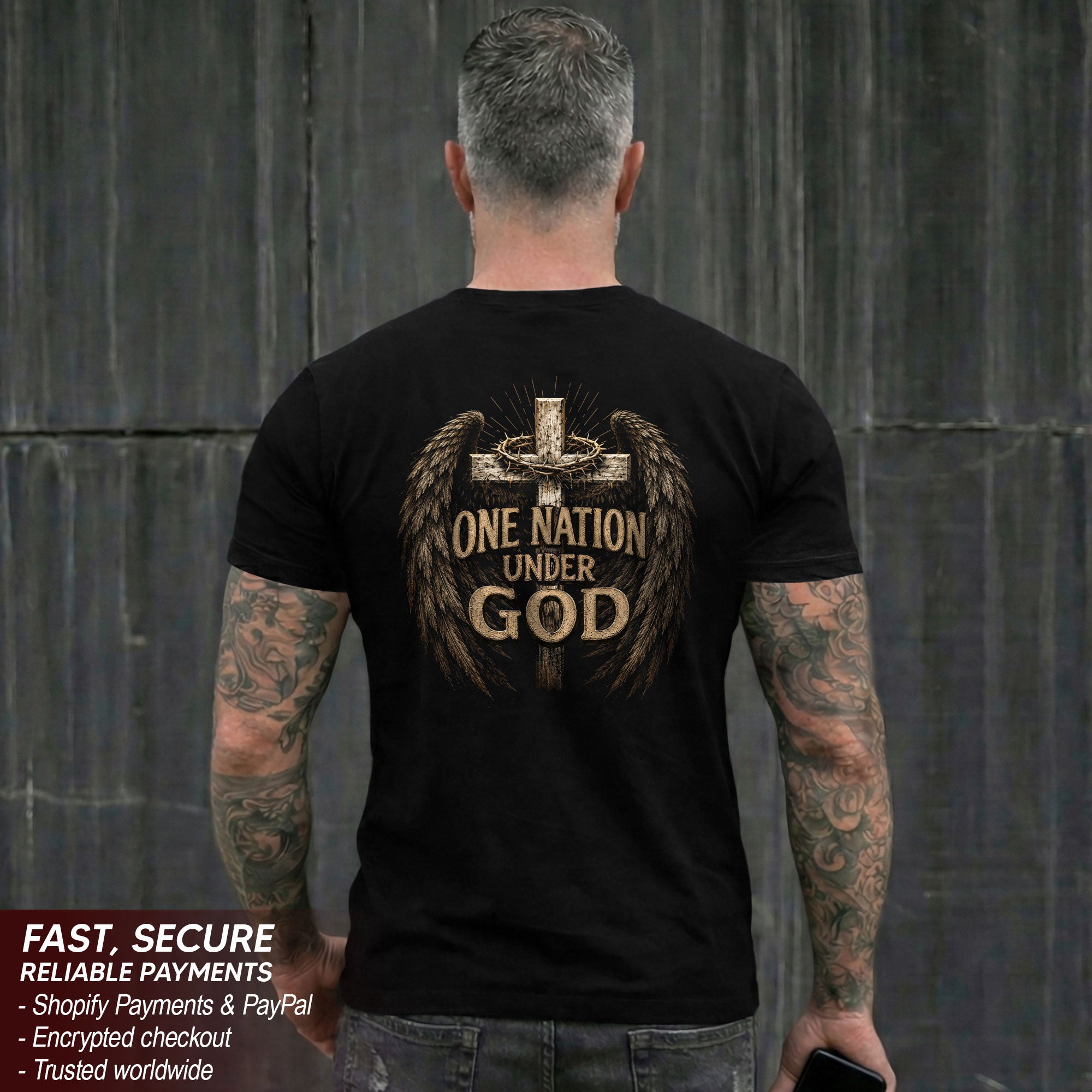 One Nation Under God Shirt Patriotic Christian Men Shirt Angel Wings Cross Crown Of Thorns