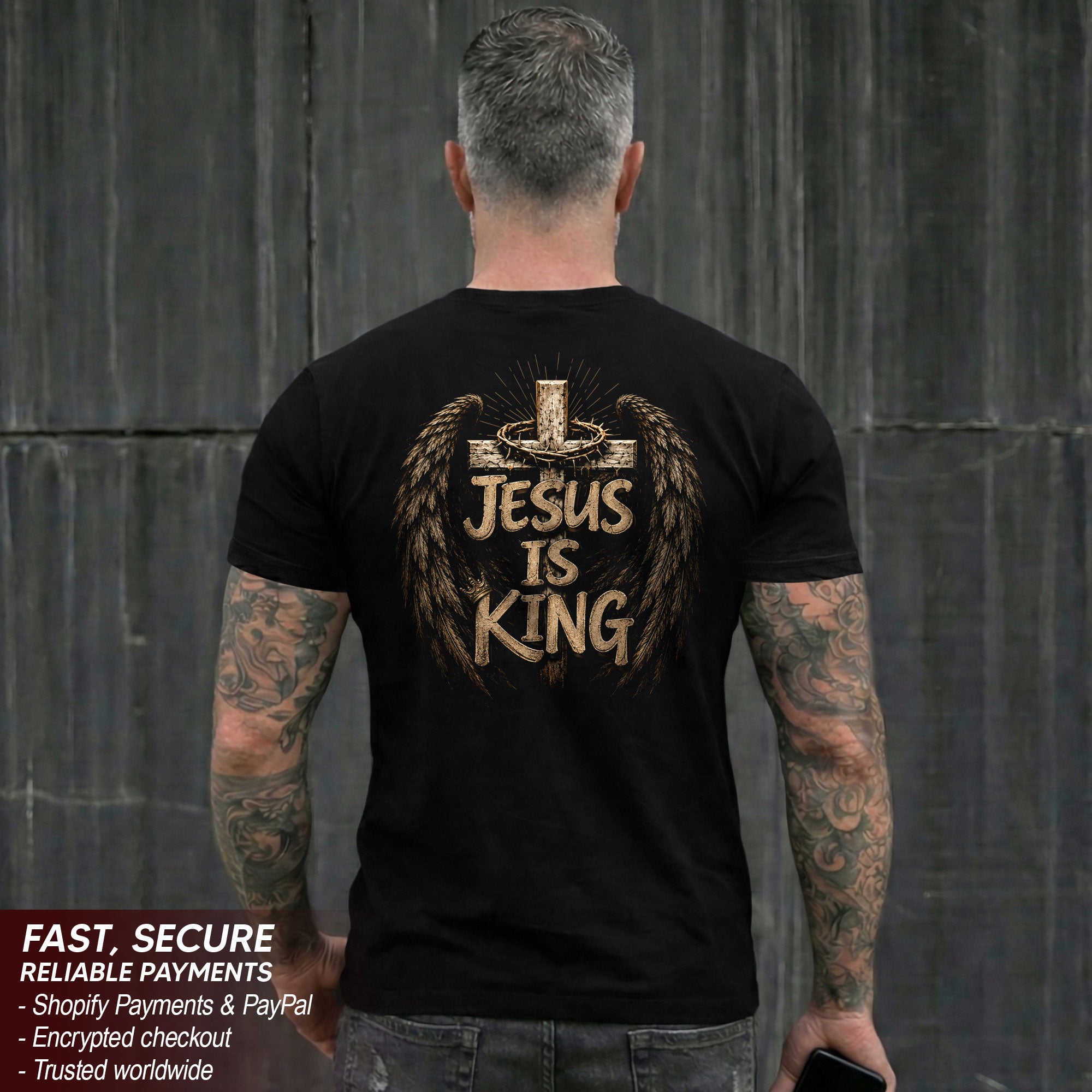 Jesus Is King Shirt Christian Men Shirt Angel Wings Cross Tee Crown Of Thorns Faith Graphic