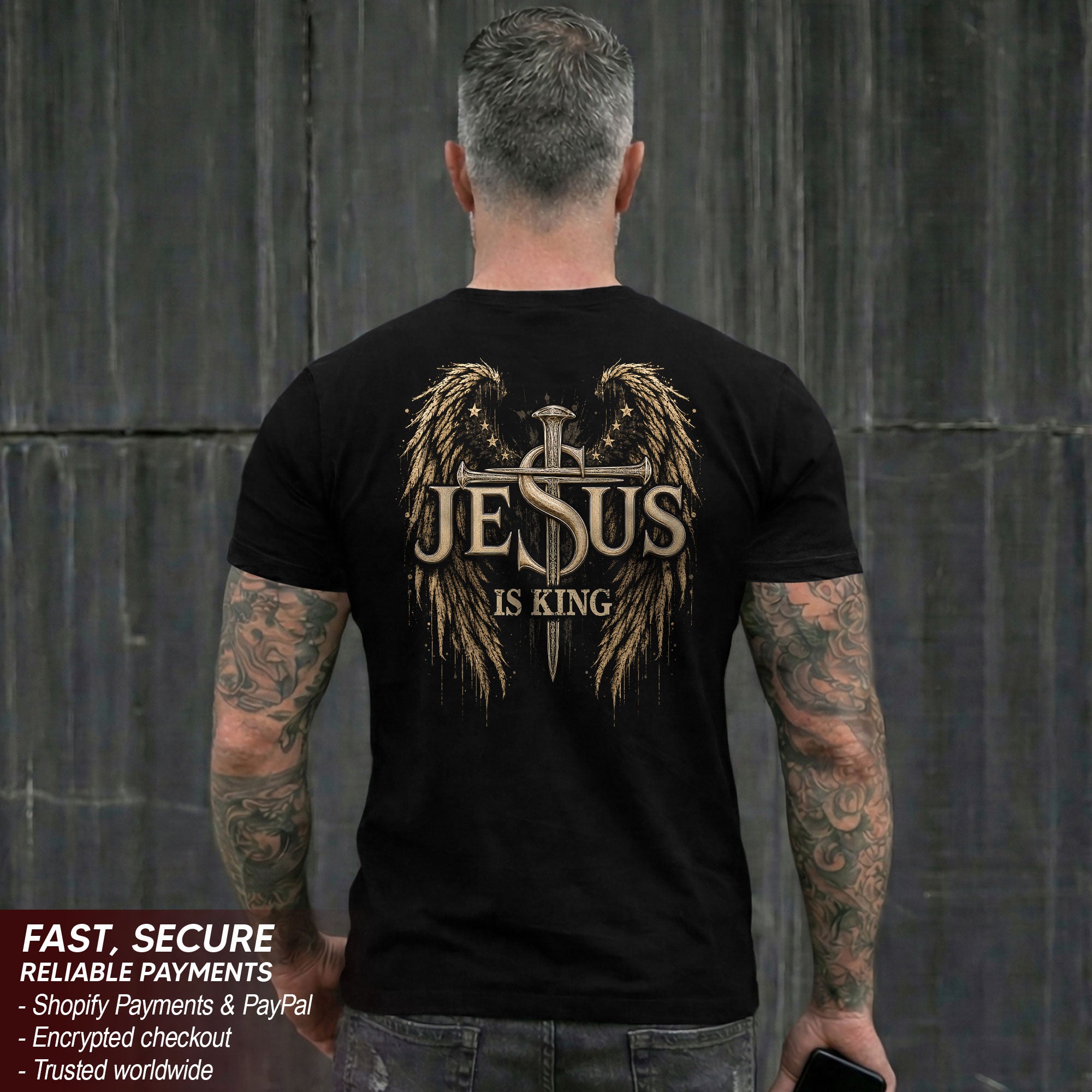 Jesus Is King Angel Wings Cross Graphic Christian T Shirt Apparel Men Clothing Top - Rust Field Wear