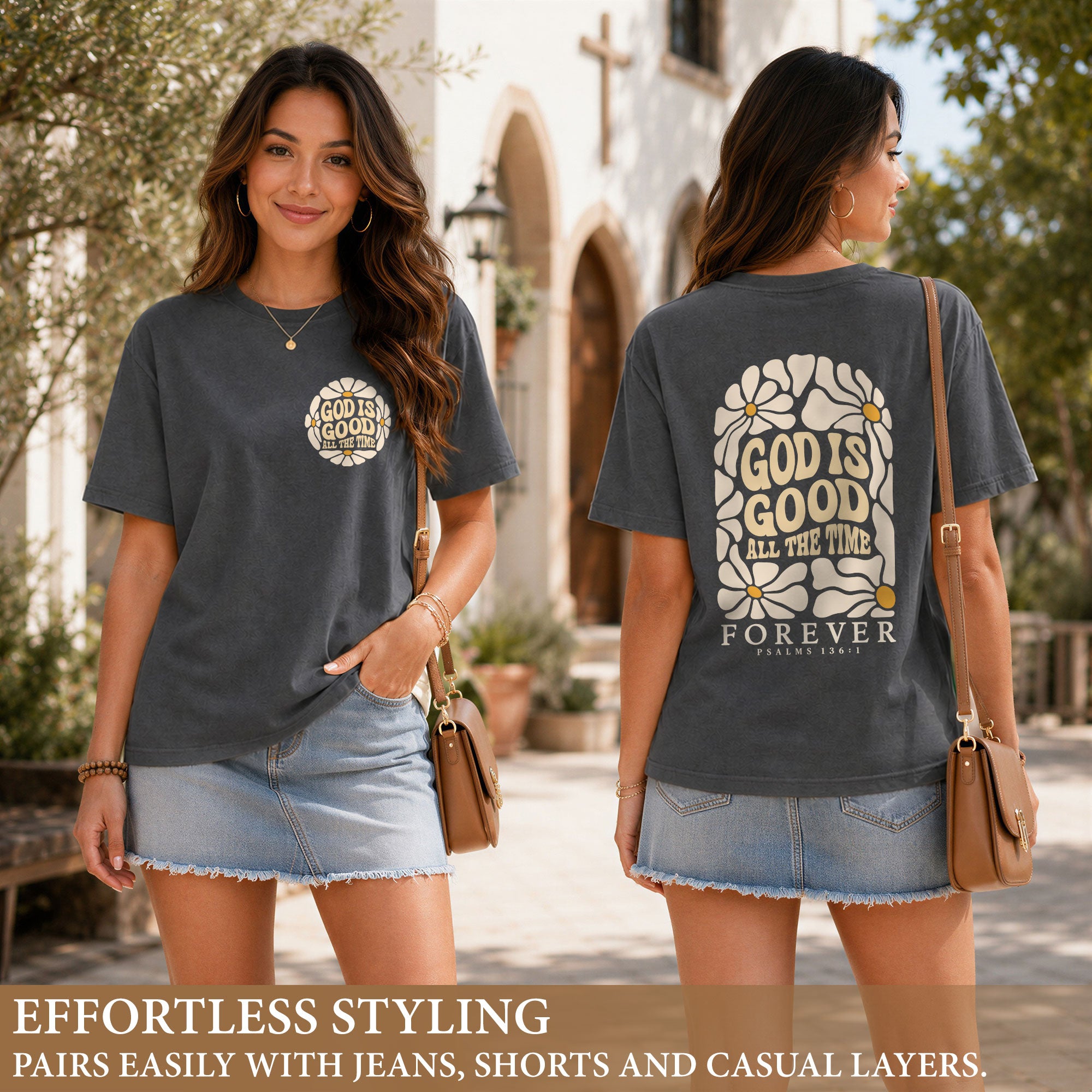 God Is Good All The Time Daisy Floral Psalms 136 1 Christian T Shirt Apparel Women - Rust Field Wear