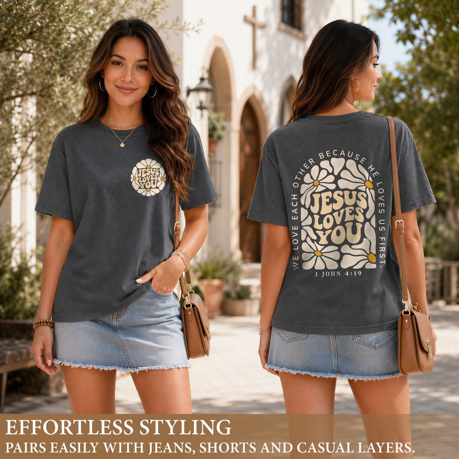 Jesus Loves You Retro Daisy Floral 1 John 4 19 Scripture Christian T Shirt Apparel Women - Rust Field Wear