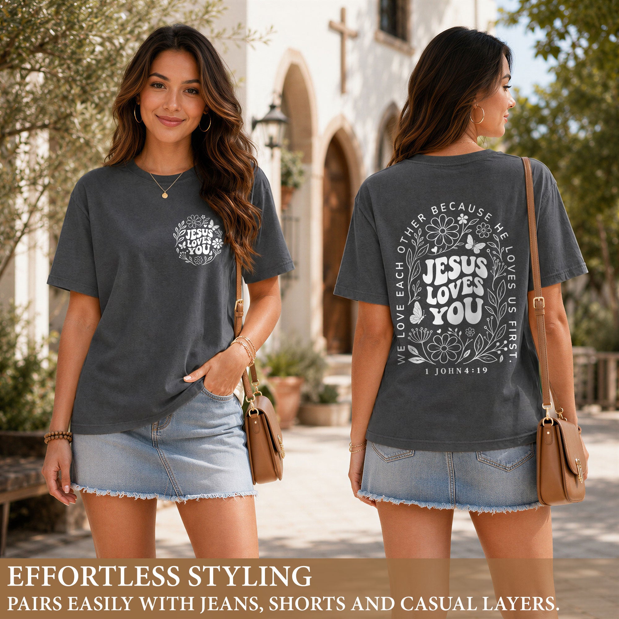 Jesus Loves You Retro Butterfly Floral 1 John 4 19 Christian T Shirt Apparel Women - Rust Field Wear