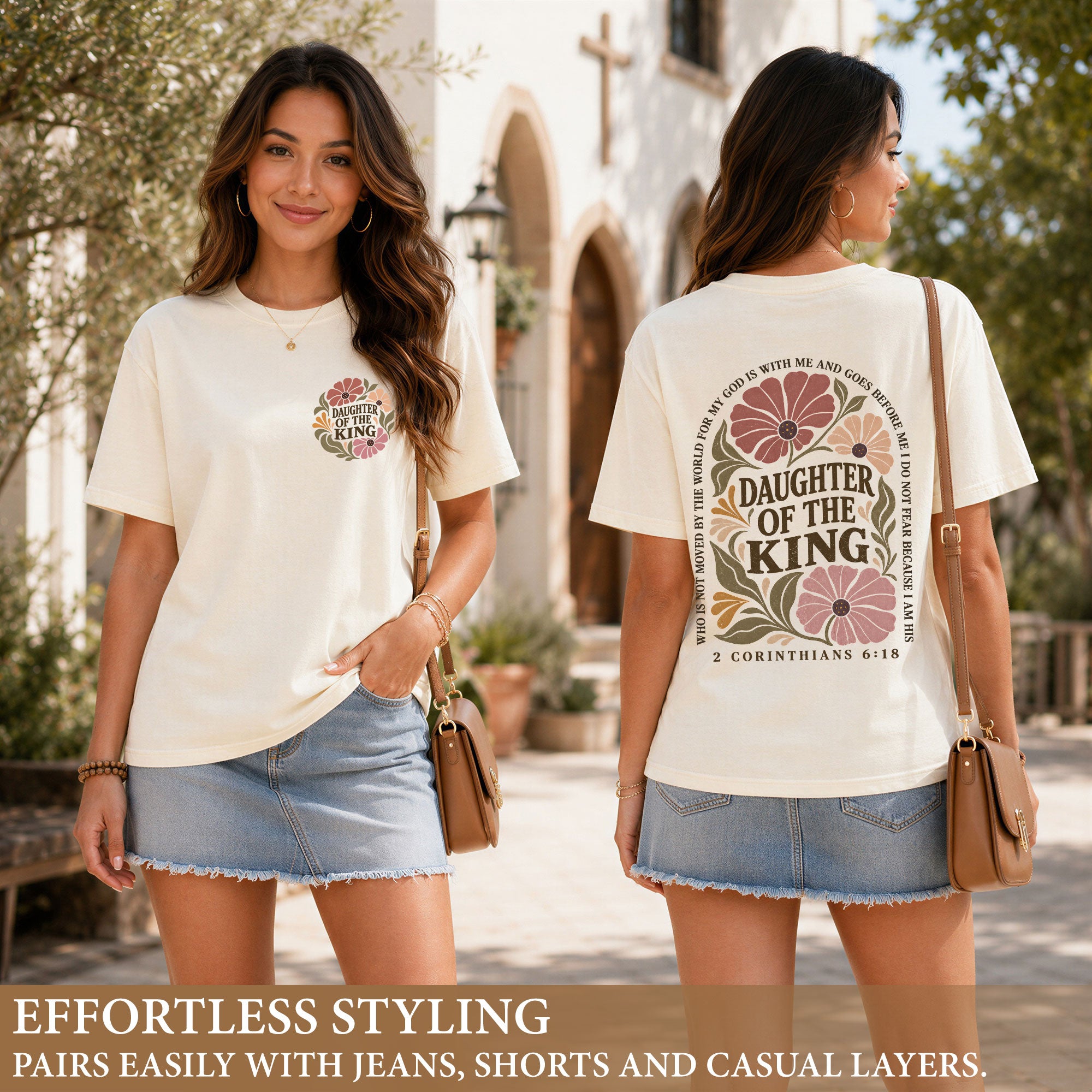 Daughter Of The King T-Shirt Christian Retro Floral Bible Verse Women Graphic Tee - Rust Field Wear