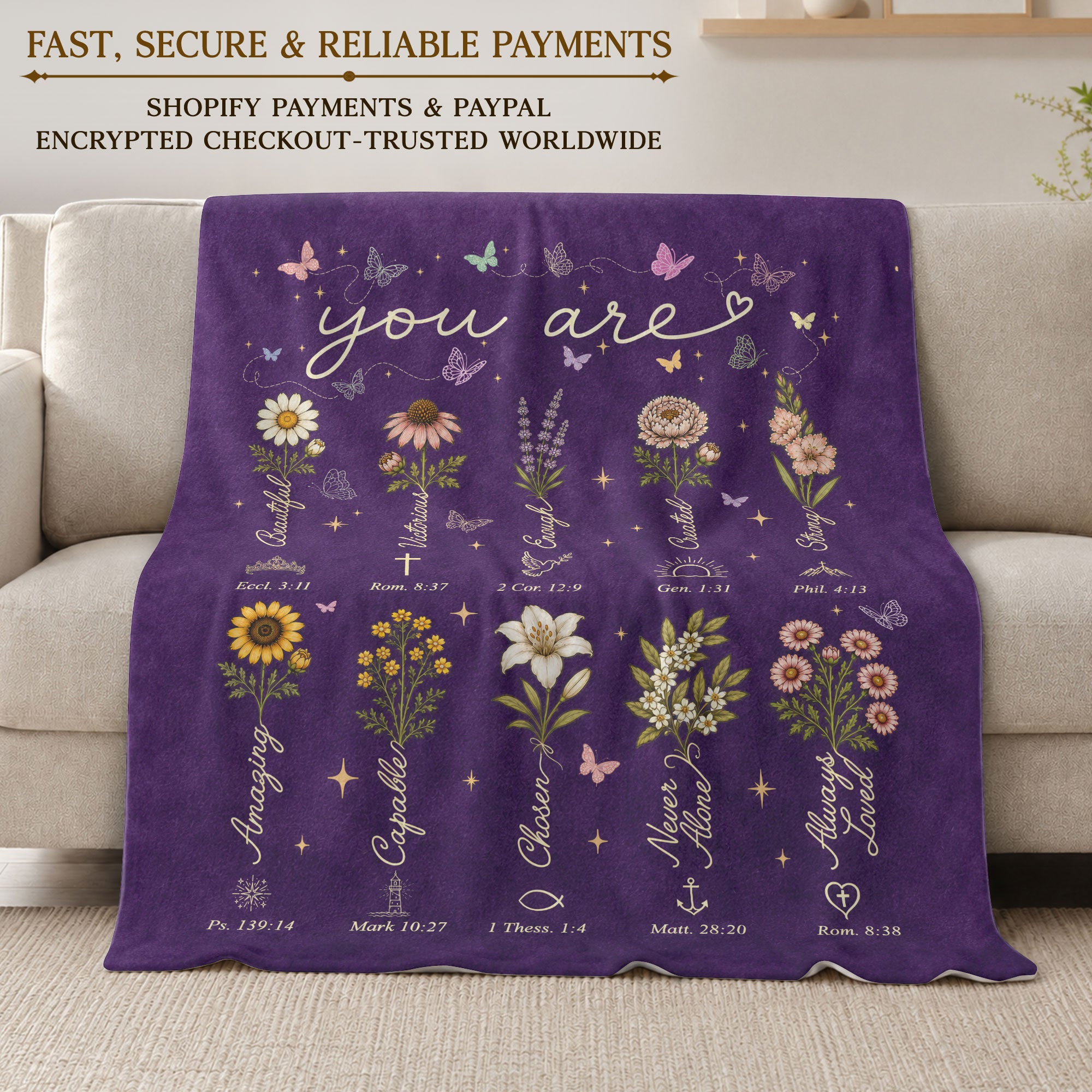 God Says You Are Blanket Purple Floral Christian Scripture Flannel Throw Blanket
