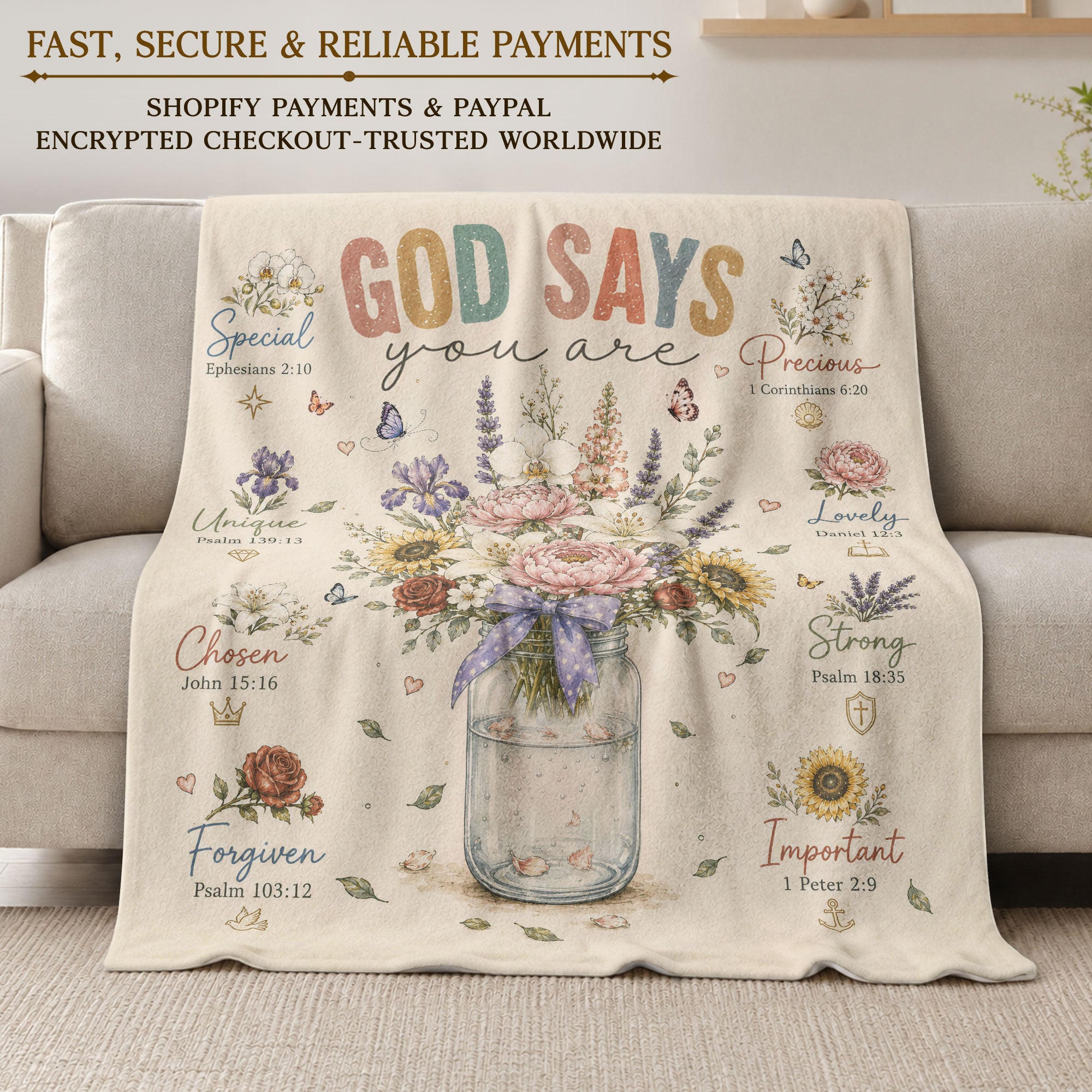 God Says You Are Blanket Inspirational Bible Verse Floral Soft Cozy Throw Blanket