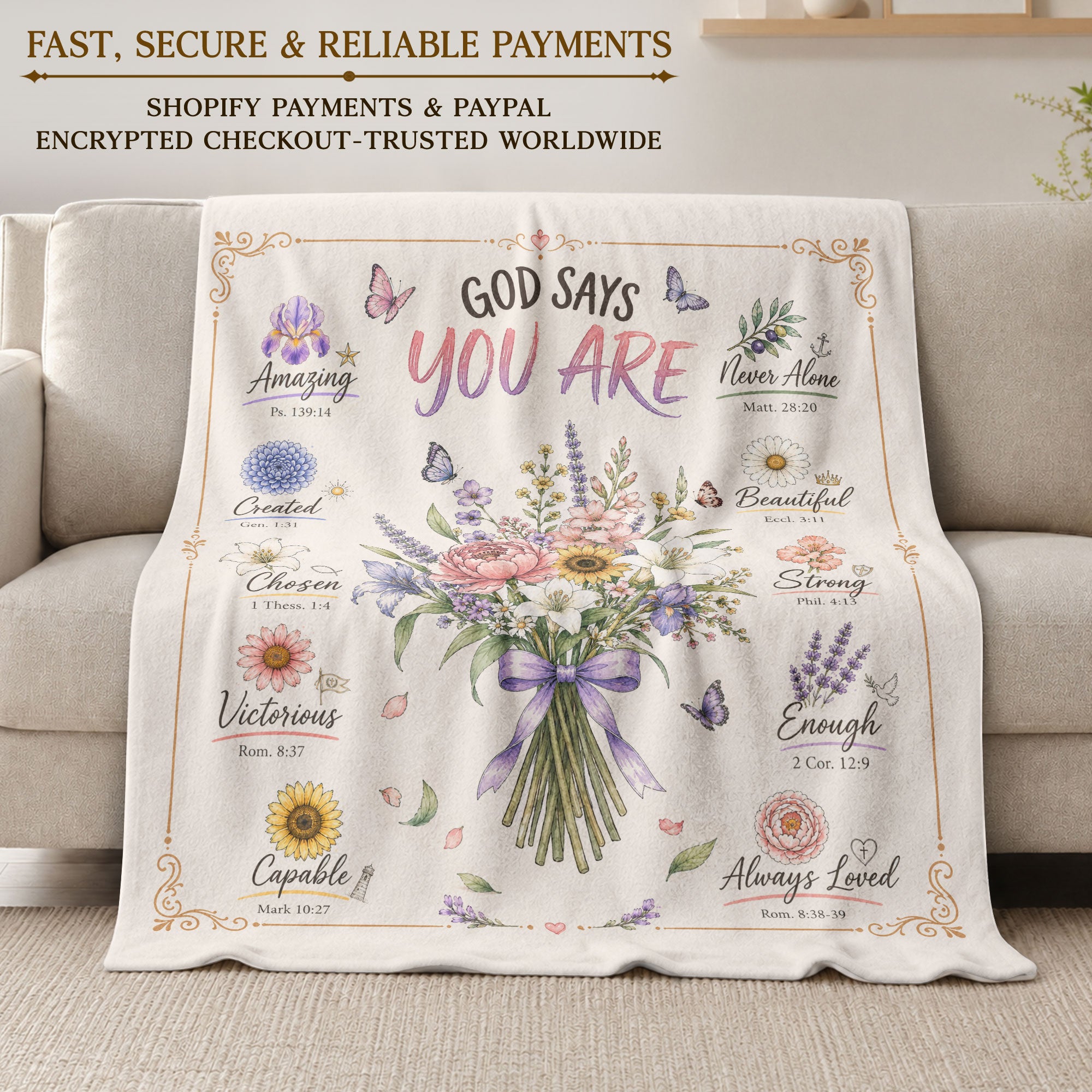 God Says You Are Blanket Christian Scripture Floral Fleece Throw Blanket Decoration