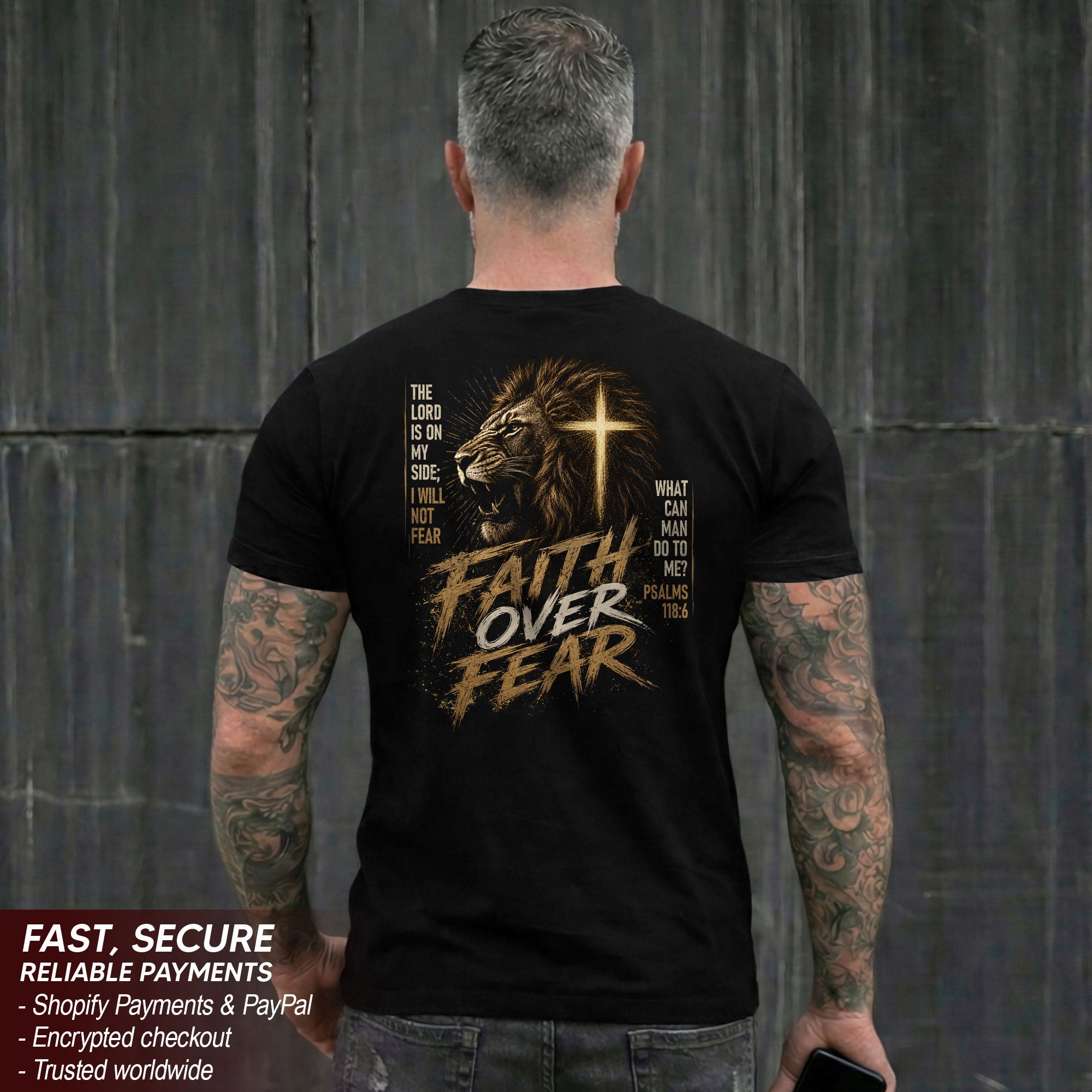 Faith Over Fear T-Shirt Lion Of Judah Christian Cross Psalms 118 6 Faith Graphic Tee