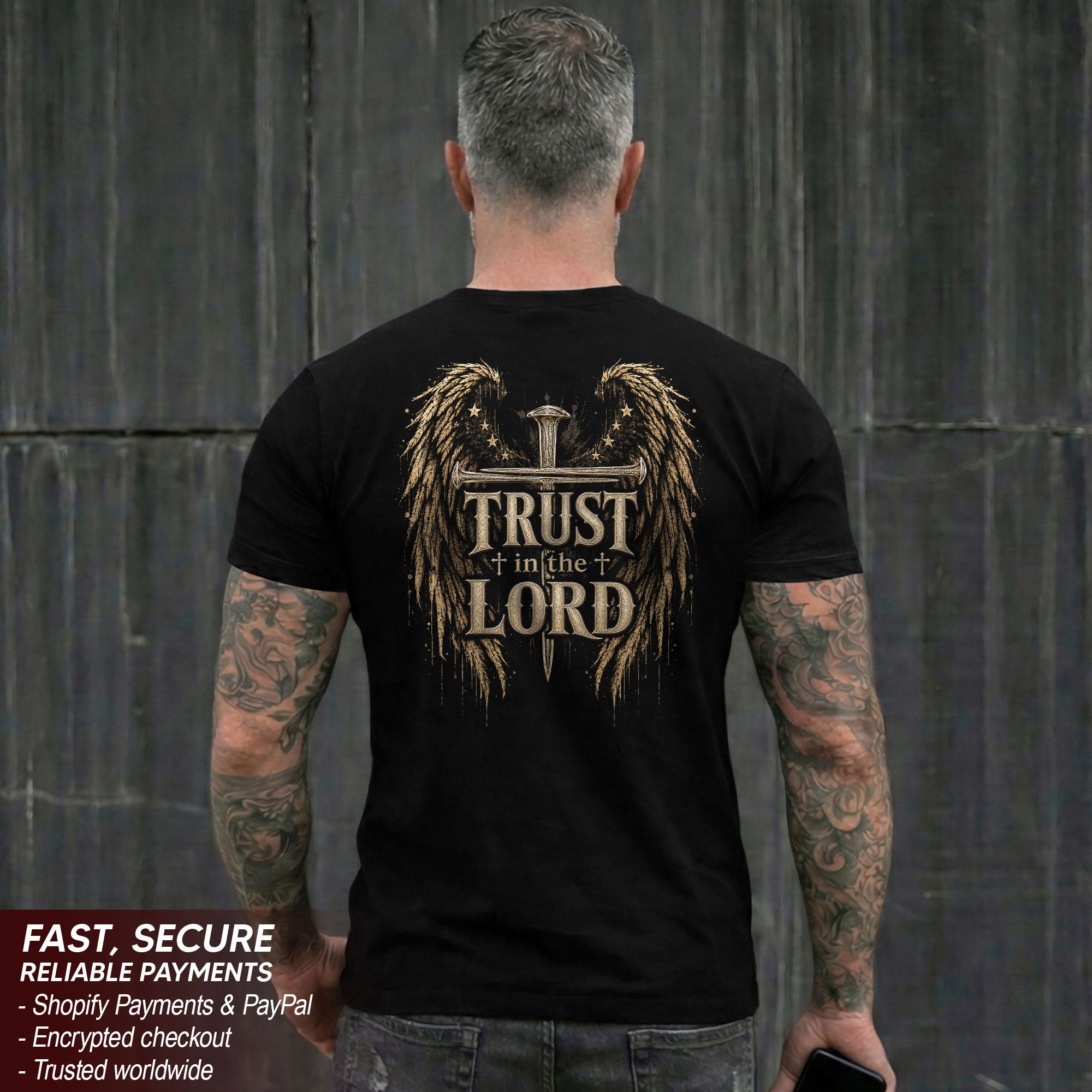 Trust In The Lord Angel Wings Cross Graphic Christian T Shirt Apparel Men Clothing - Rust Field Wear