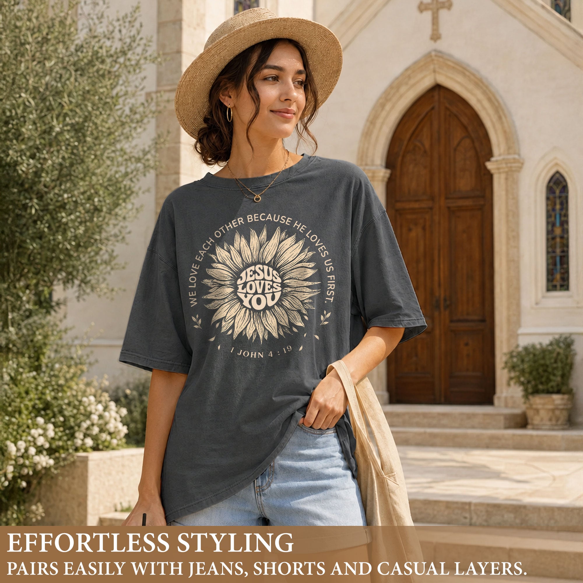 Jesus Loves You Shirt Sunflower Christian Bible Verse 1 John 4 19 Faith Graphic Tee