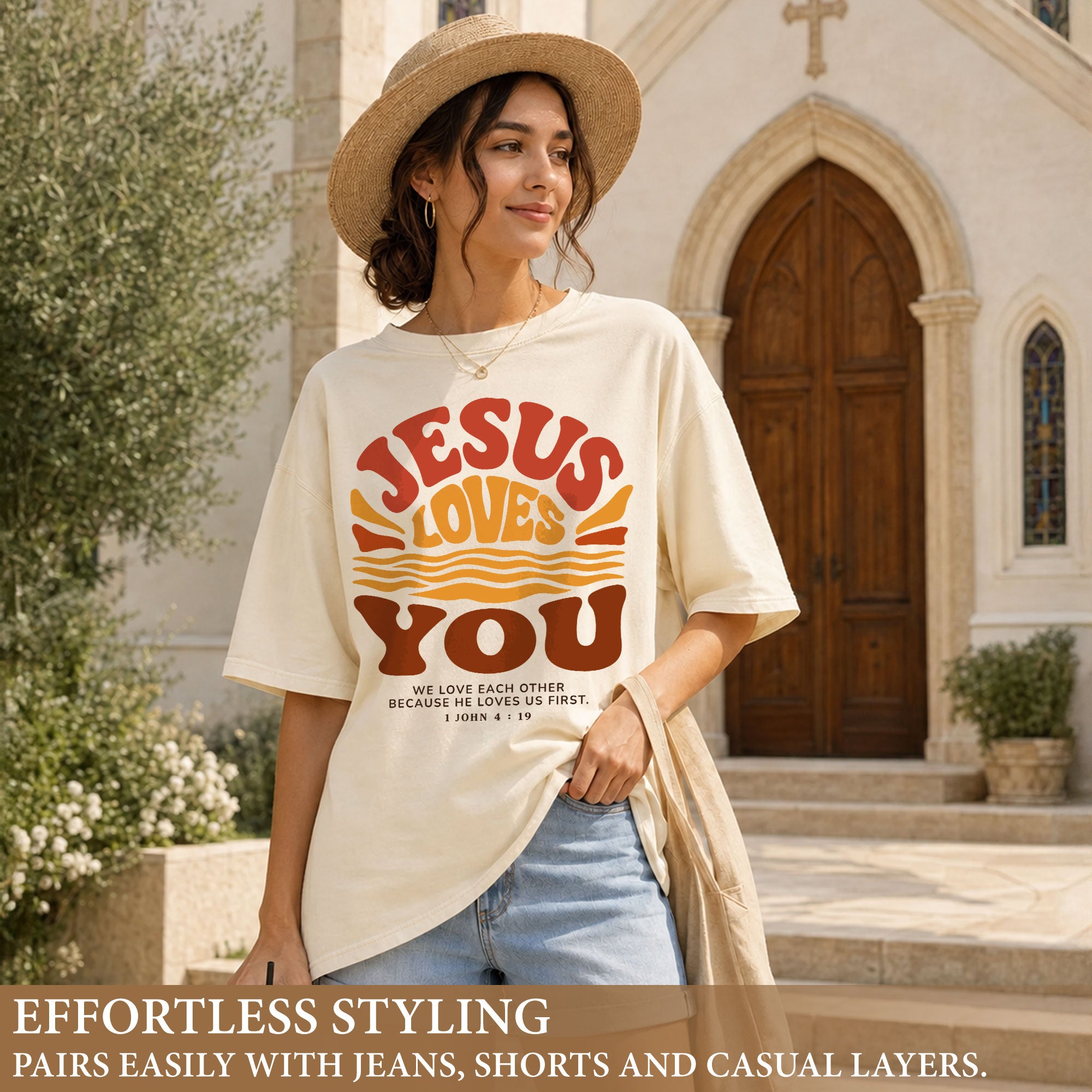 Jesus Loves You Shirt Sunset Wavy 70s Christian Bible Verse 1 John 4 19 Graphic Tee