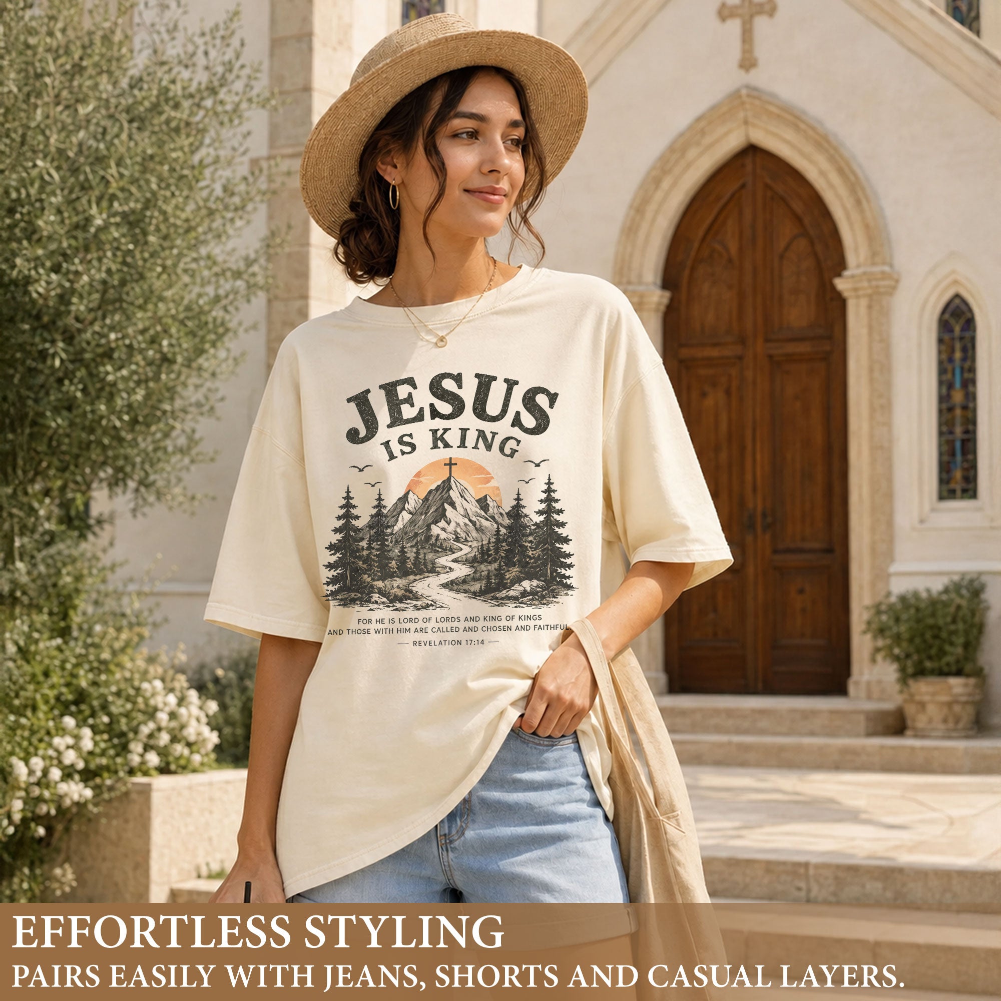 Jesus Is King Mountain Cross Trees Revelation 17 14 Graphic Christian T Shirt Women