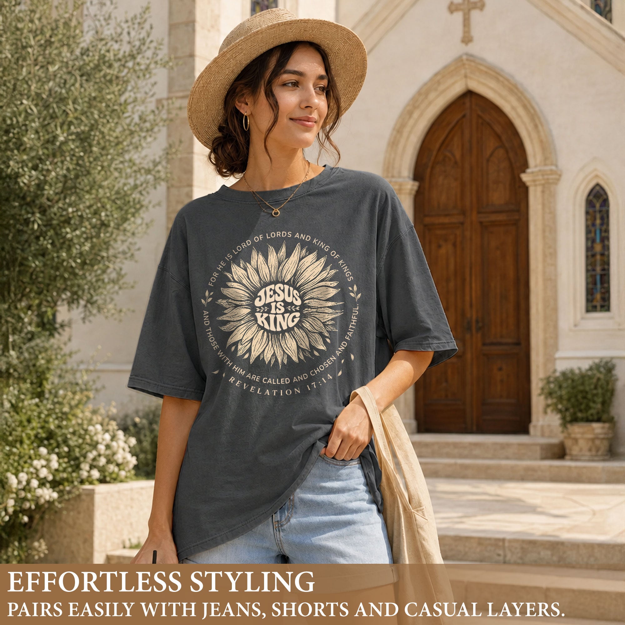 Jesus Is King Sunflower Floral Circle Revelation 17 14 Graphic Christian T Shirt Women