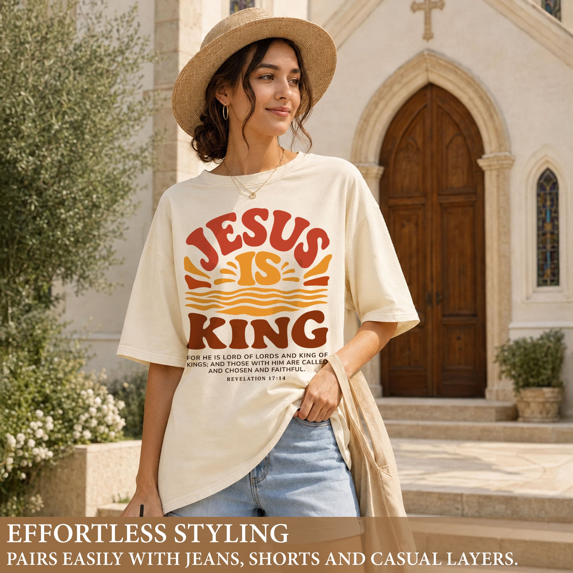 Jesus Is King Retro Sunset Waves Revelation 17 14 Graphic Christian T Shirt Women