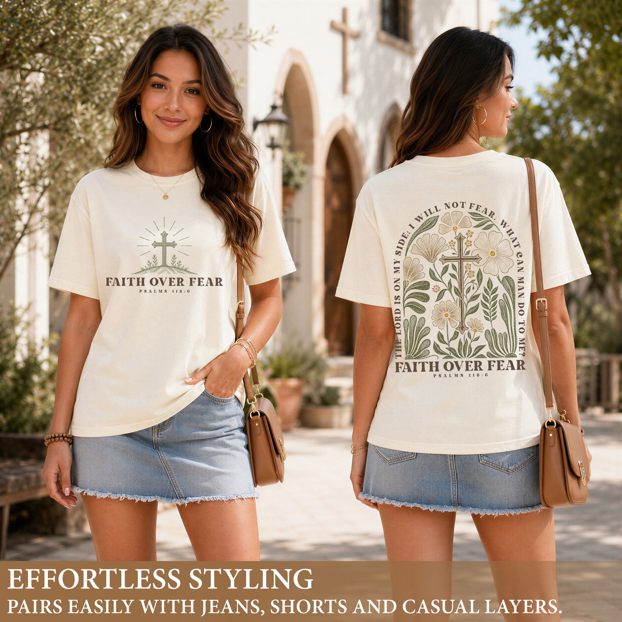 Faith Over Fear Shirt Christian Women Botanical Floral Cross Tee Psalm 118 Bible Verse