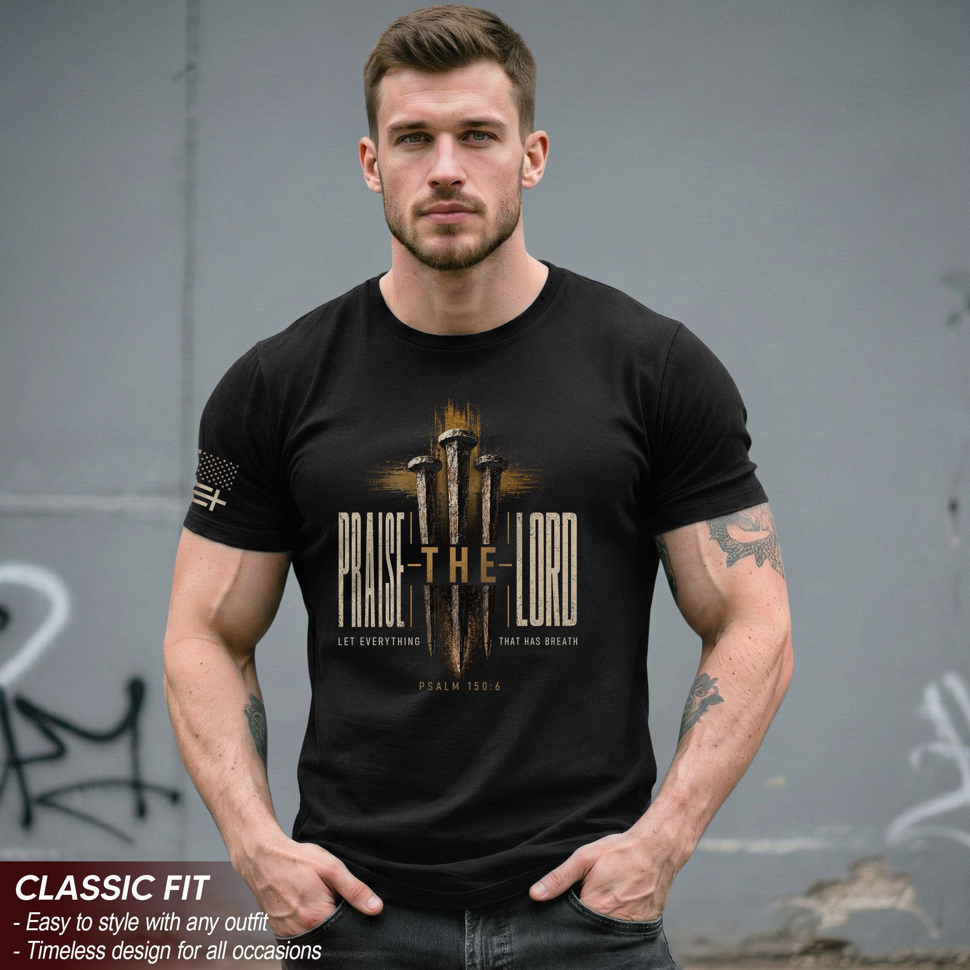 Praise The Lord Psalm 150 6 Nails Cross Graphic Christian T Shirt Apparel Men Clothing