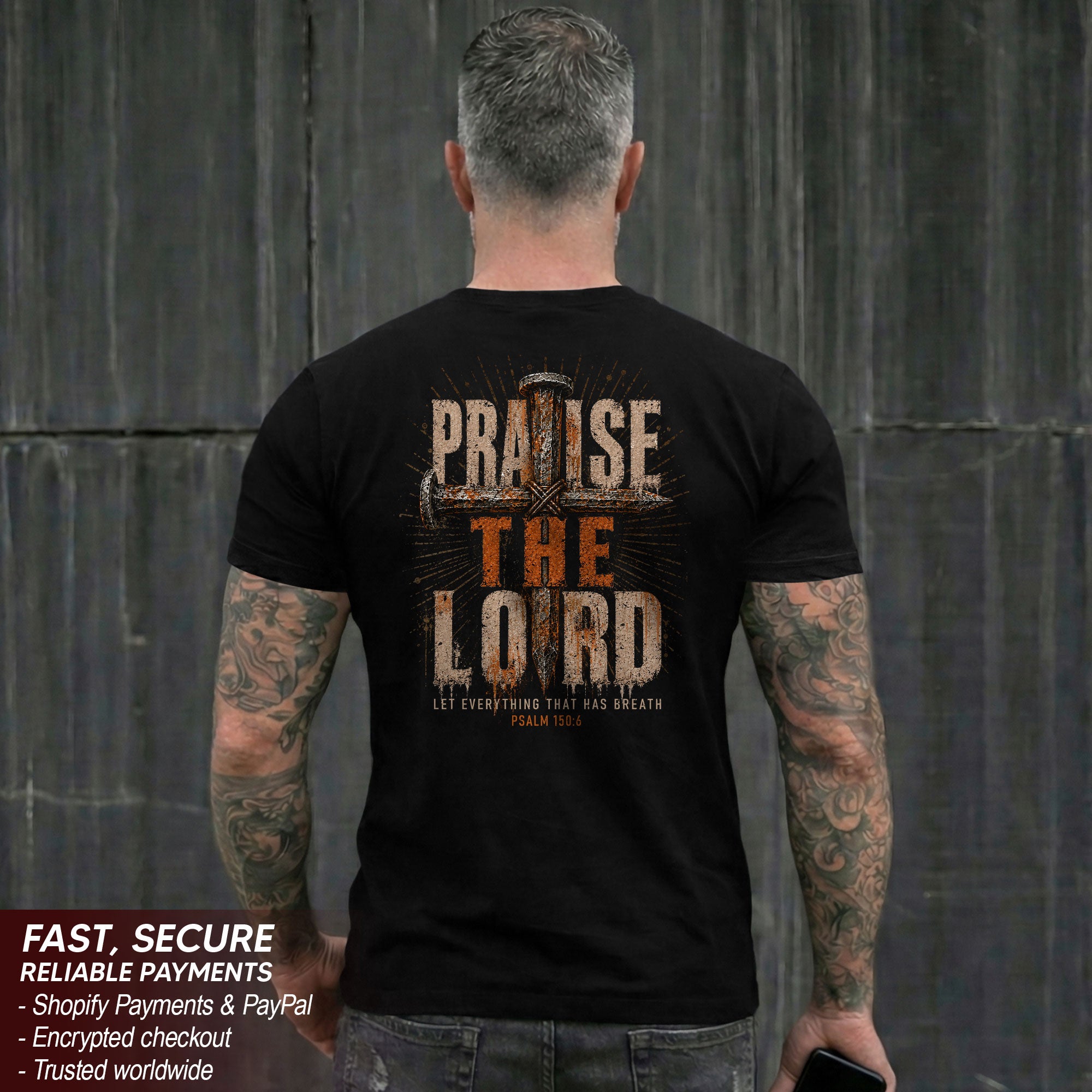 Praise The Lord Shirt Rustic Cross Christian Faith Quote Psalm 150 6 Men Graphic Tee - Rust Field Wear